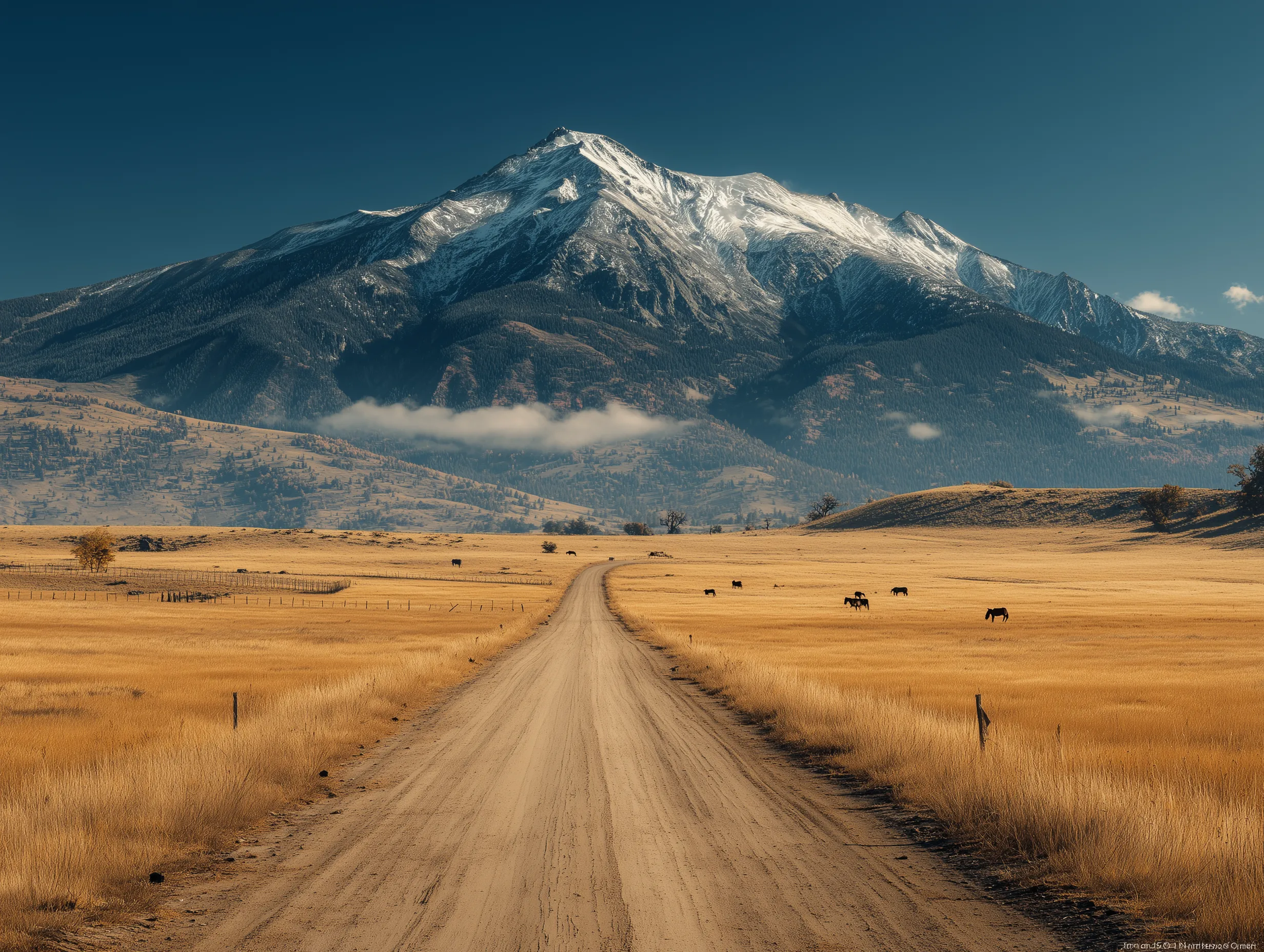 Gravel Road Leading to Snow-Capped Mountain Peak