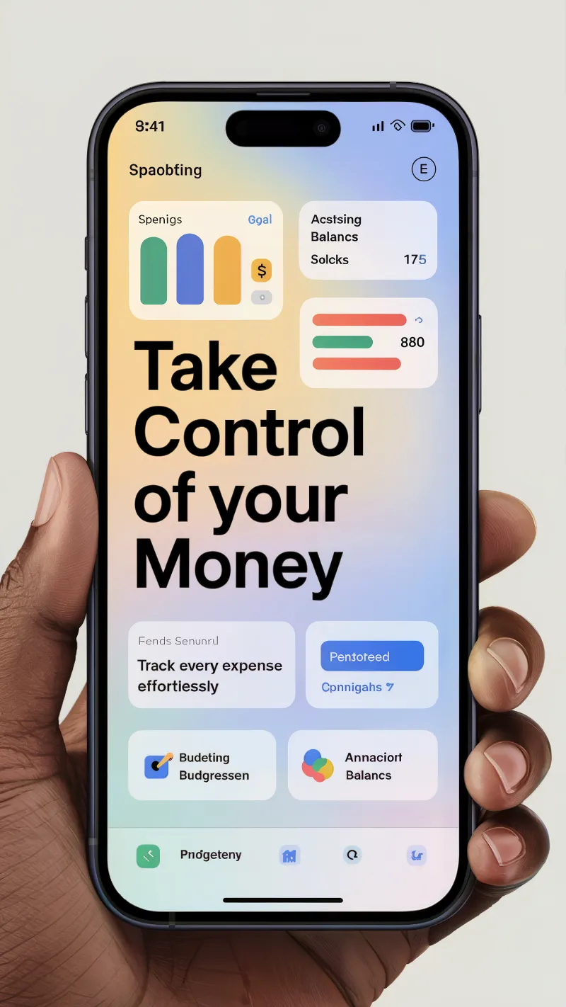 Hand holding smartphone with finance app dashboard