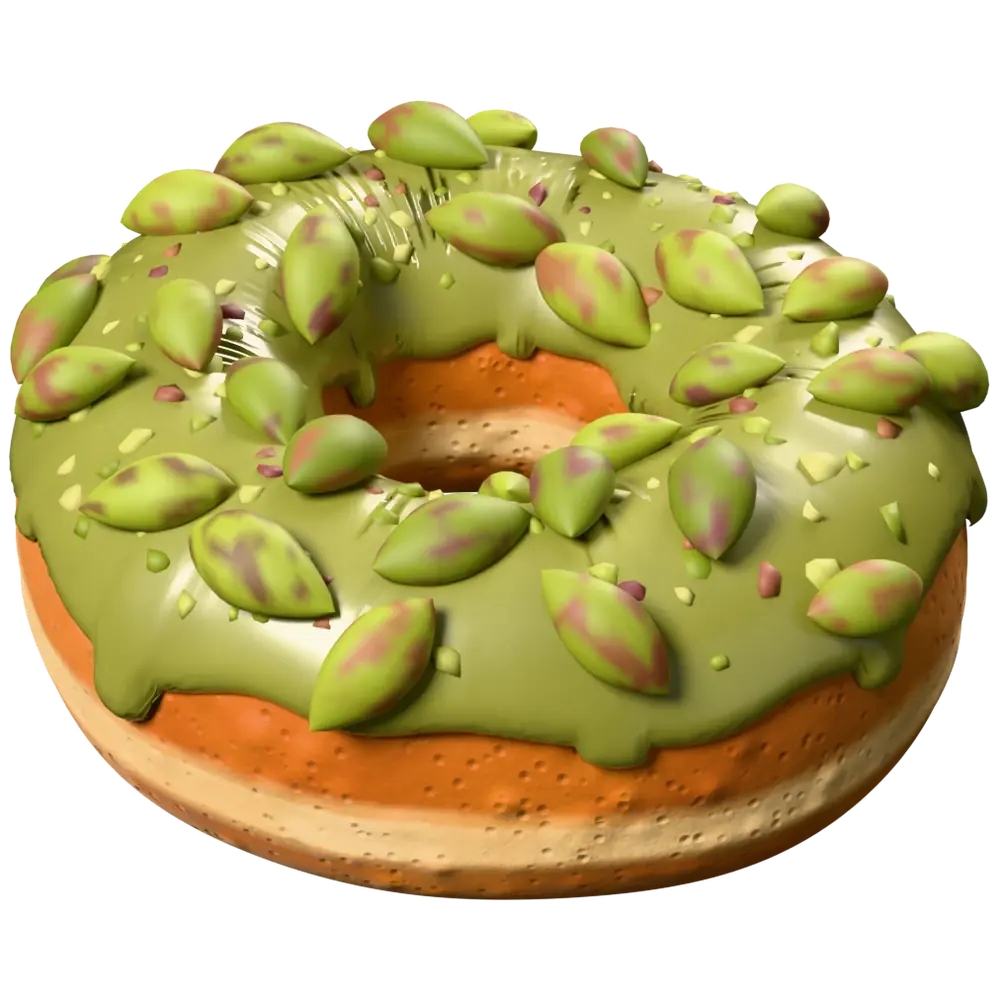 Olive pistachio glaze, whole roasted kernels and golden-green halves with burgundy skins