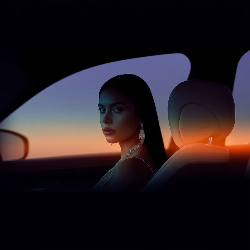 Elegant woman in car at sunset
