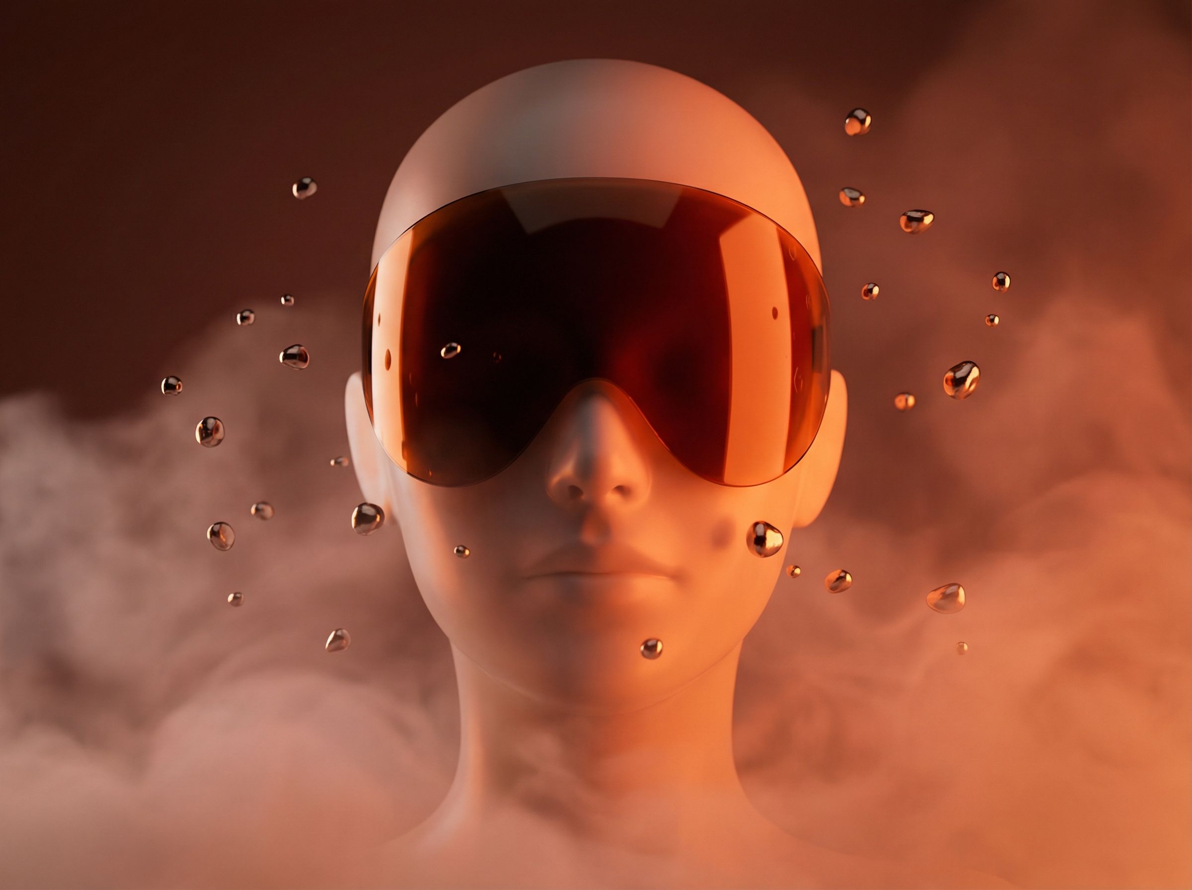Futuristic mannequin with visor in orange mist
