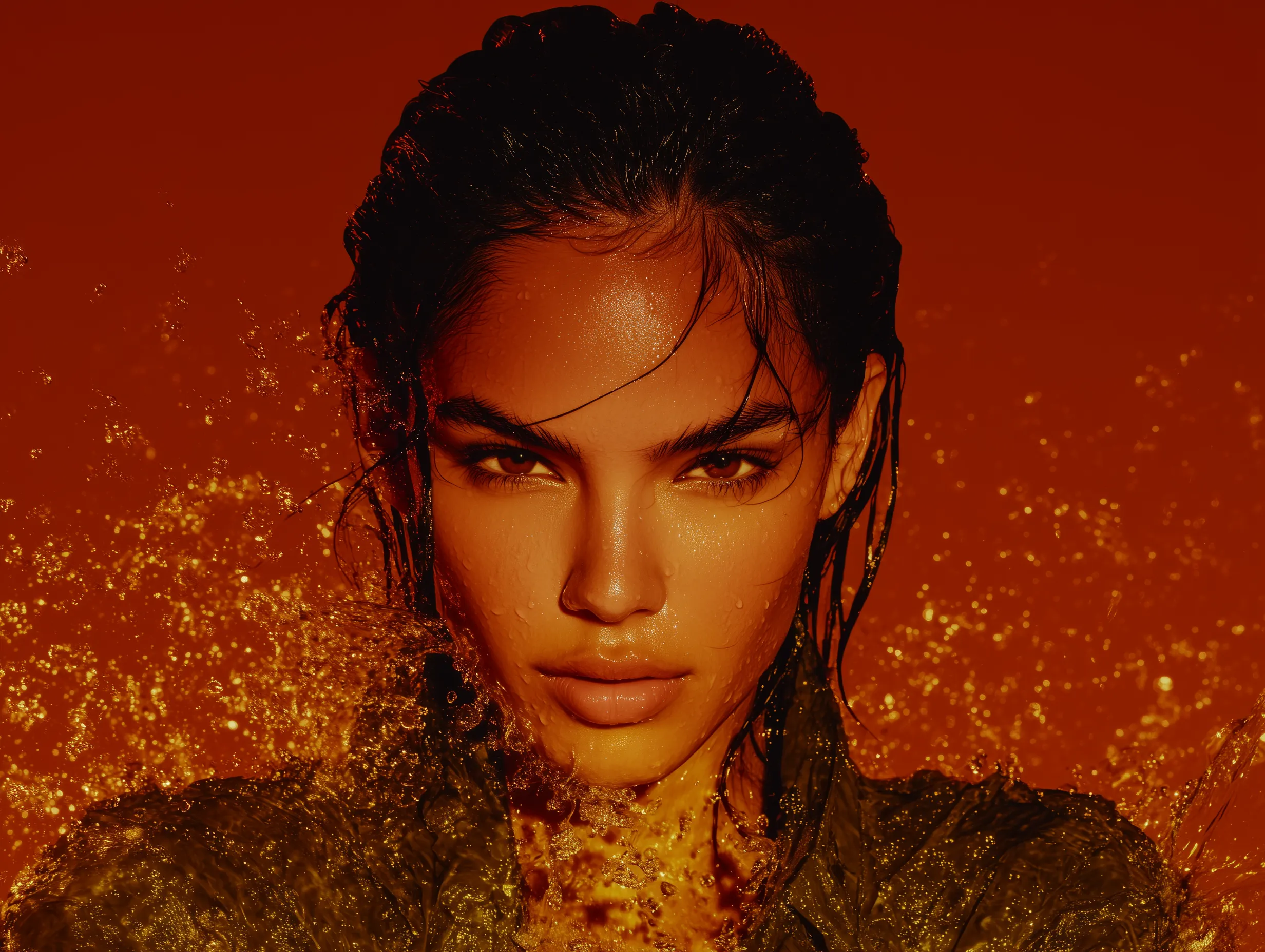 Dramatic wet portrait in golden orange light