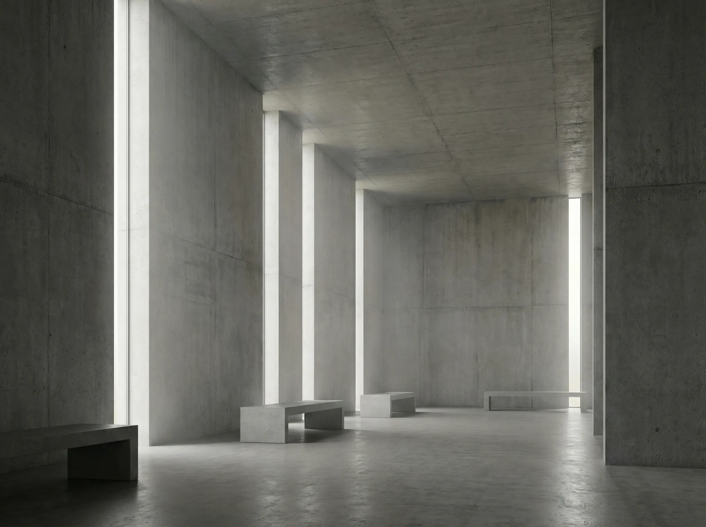 Minimalist concrete hall with benches