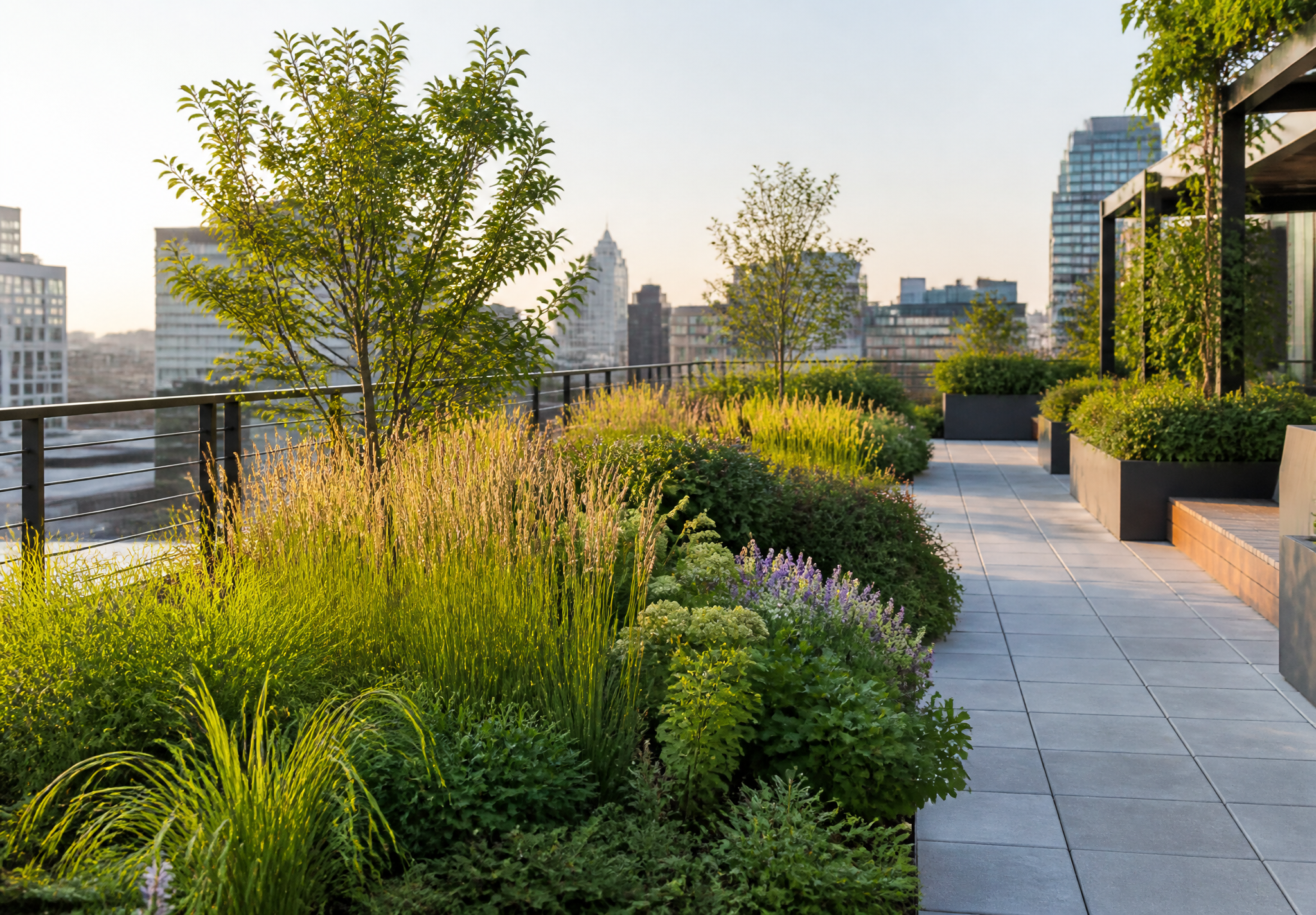 Green rooftop planting with grasses and shrubs beside a paved walkway