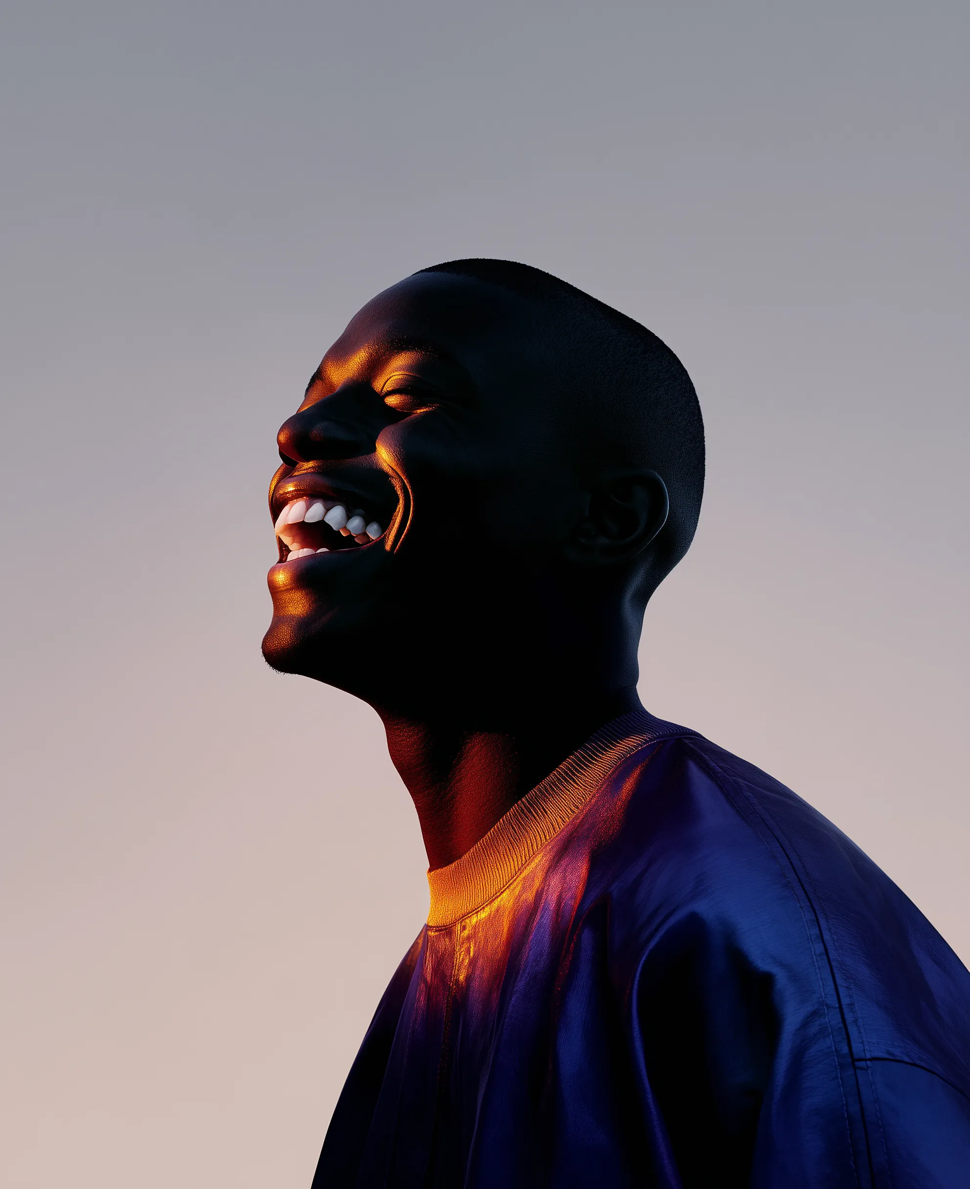 Joyful side-profile portrait with sunset rim light