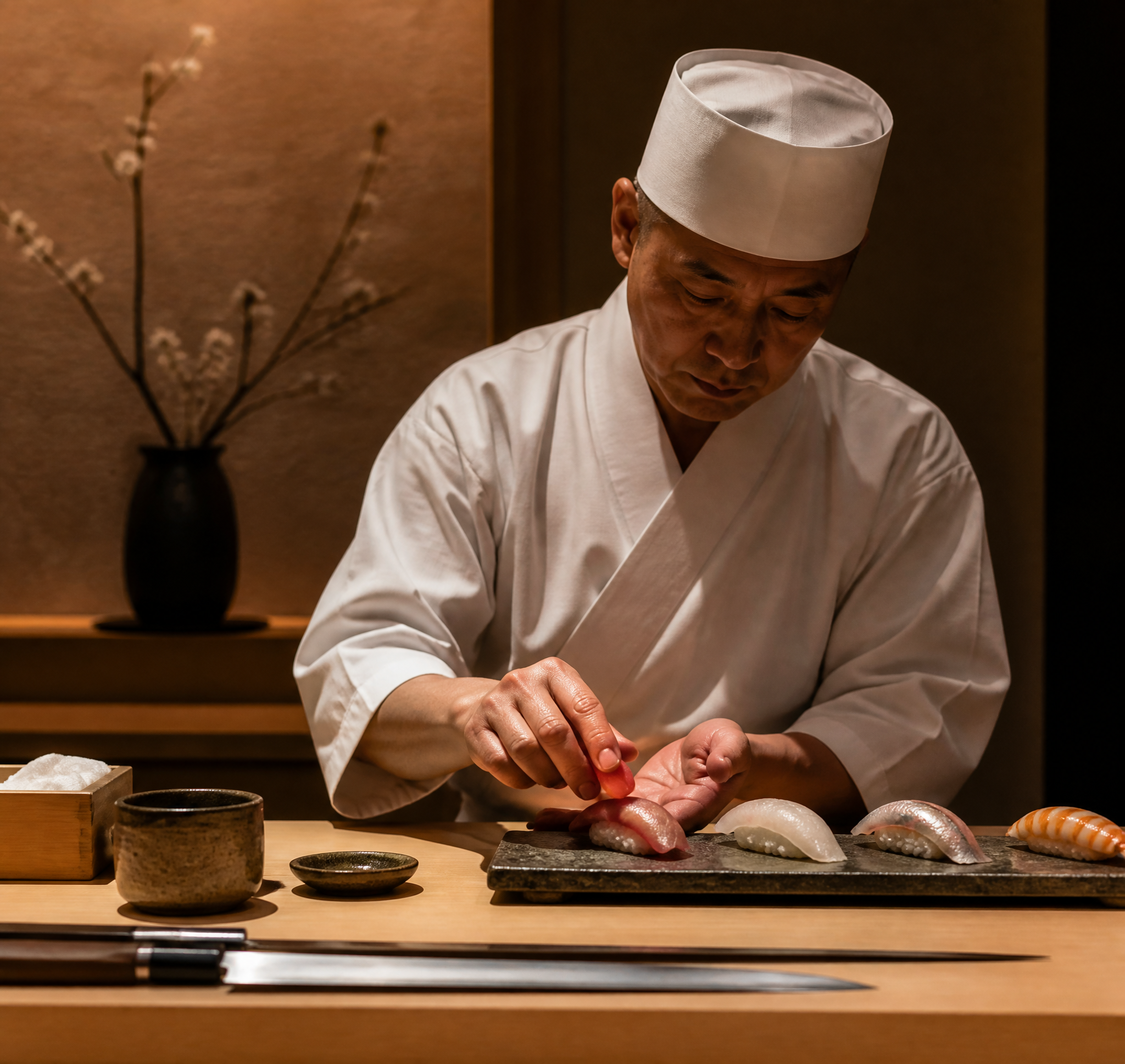 Professional Sushi Chef Preparing Nigiri