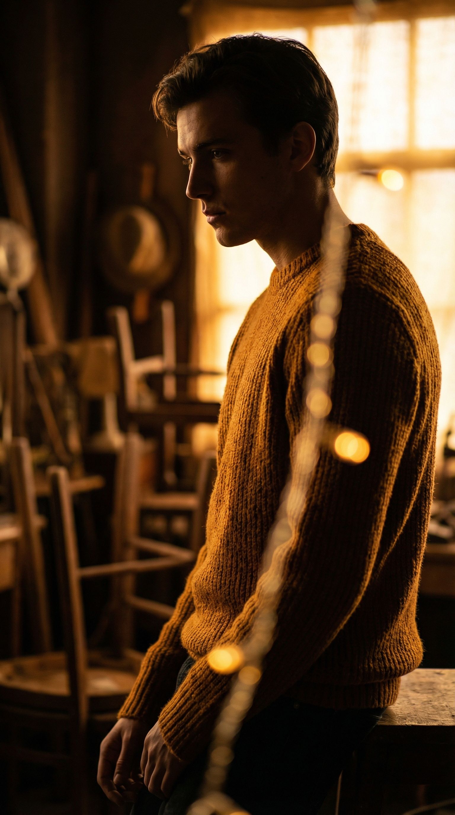 Pensive man in warm rustic interior