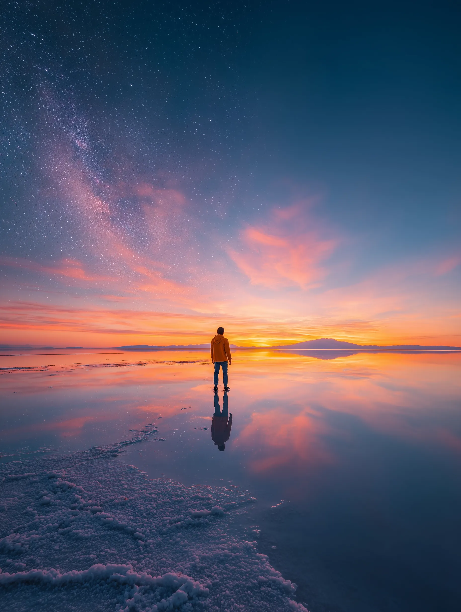 Lone figure on reflective salt flat at vivid sunset