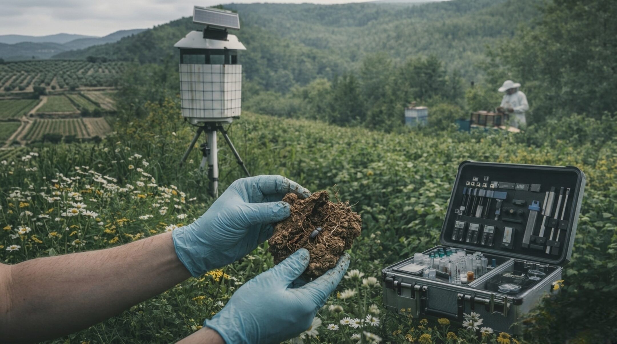 Cinematic panoramic hero image of Mediterranean agroecological landscape, field researcher working subtly in real outdoor conditions