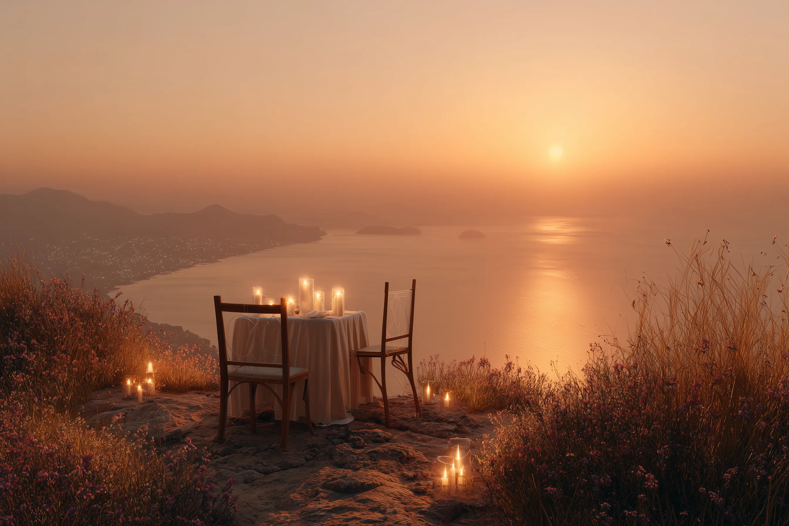 Romantic sunset dinner on coastal cliff