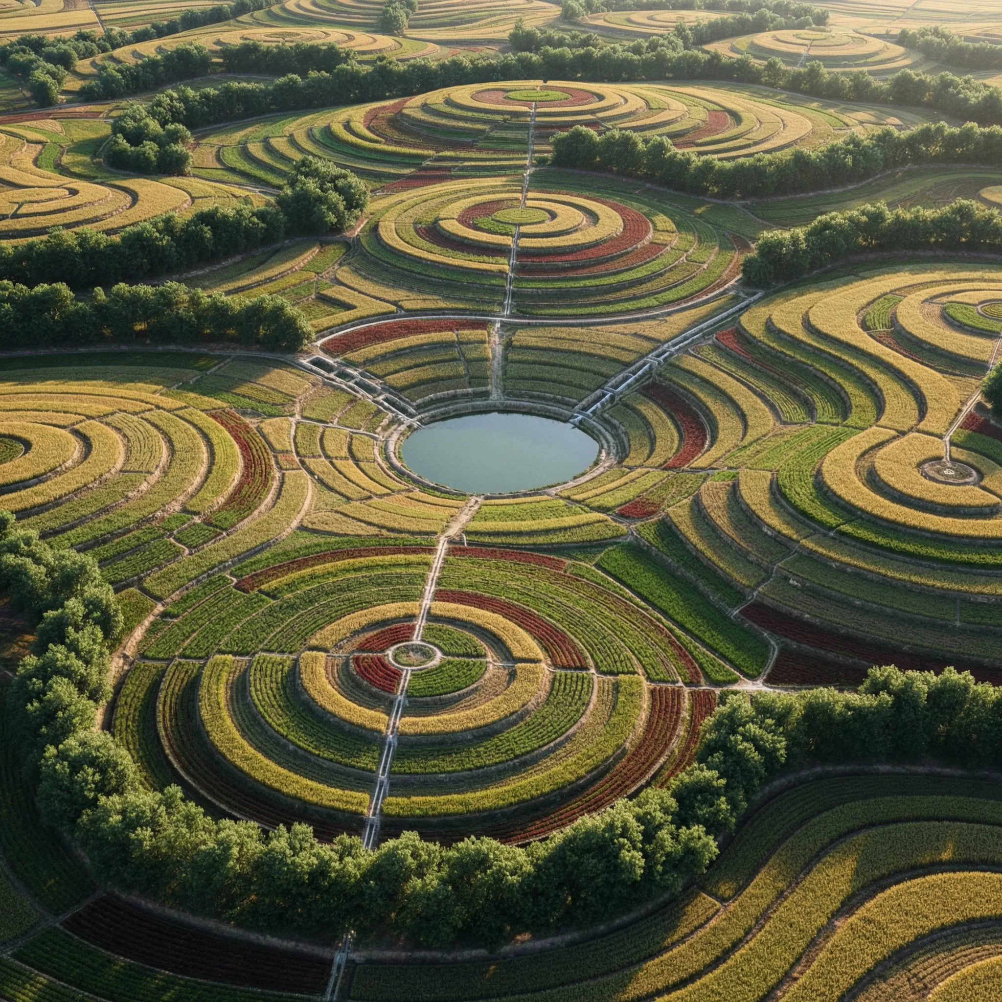 Aerial view of circular terraced crop fields