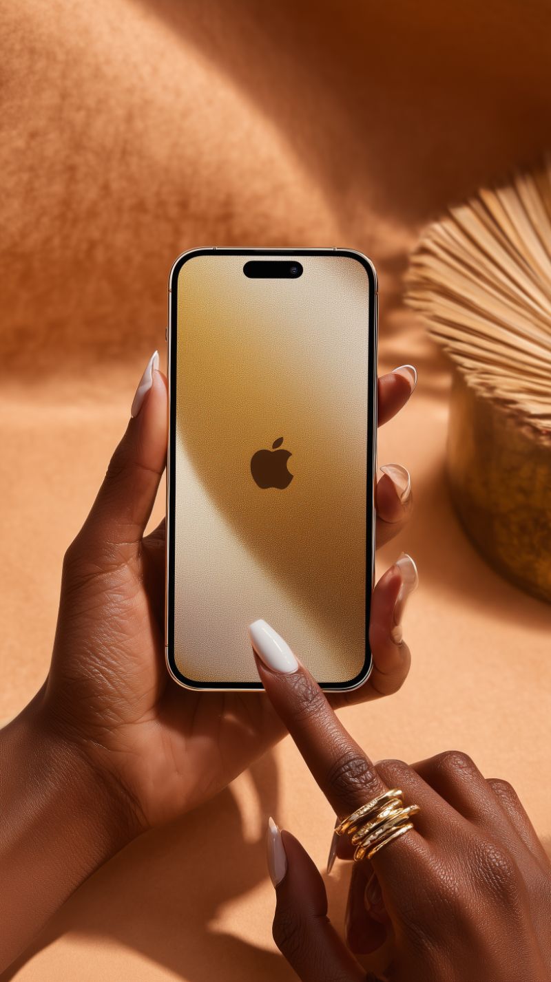 Close-up of hand holding gold iPhone against warm backdrop