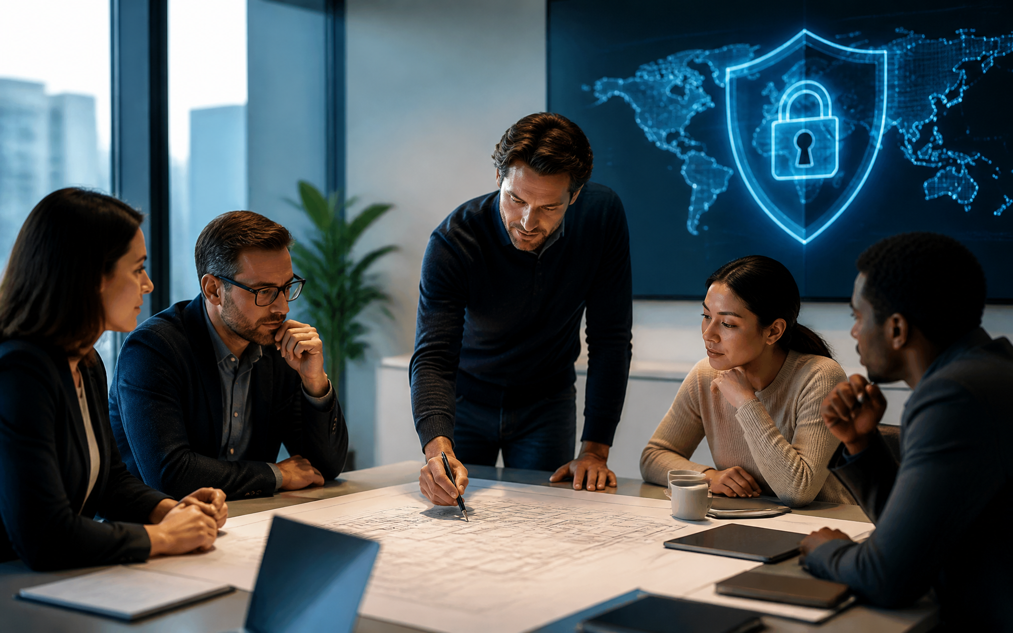 Cybersecurity Strategy Meeting in Modern Office