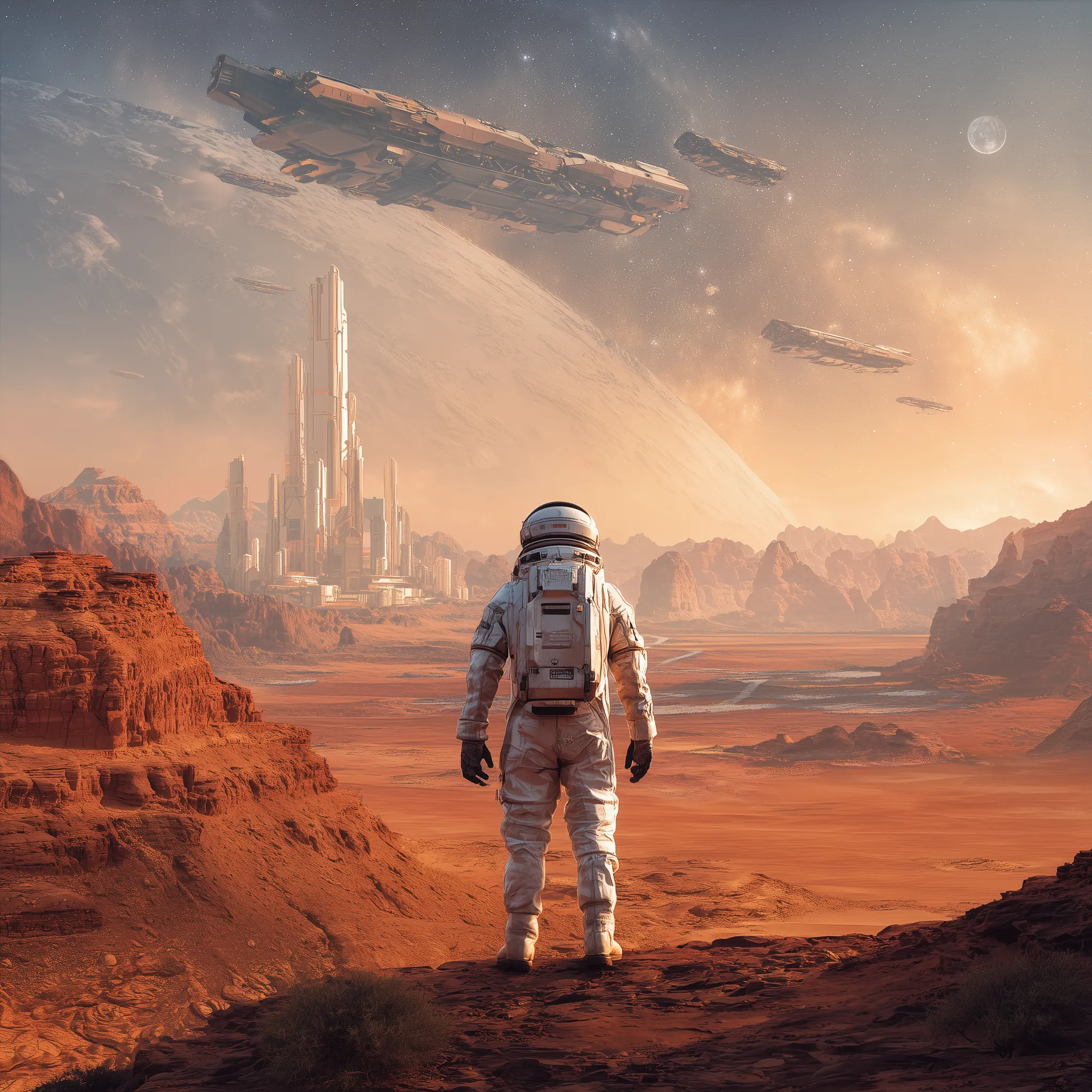 Astronaut Overlooking a Futuristic Desert Colony