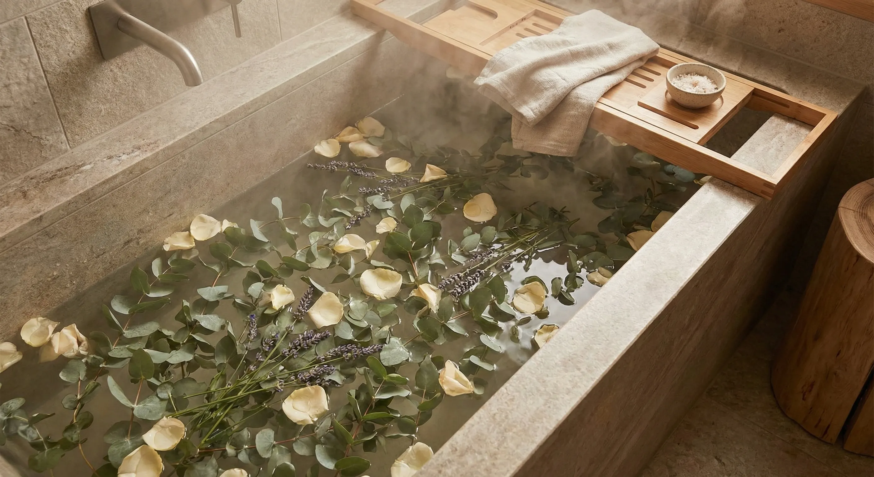 Spa bath with eucalyptus and flower petals