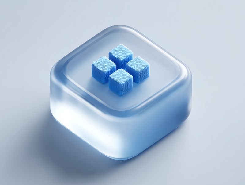 Glassmorphic 3D icon with four blue cubes