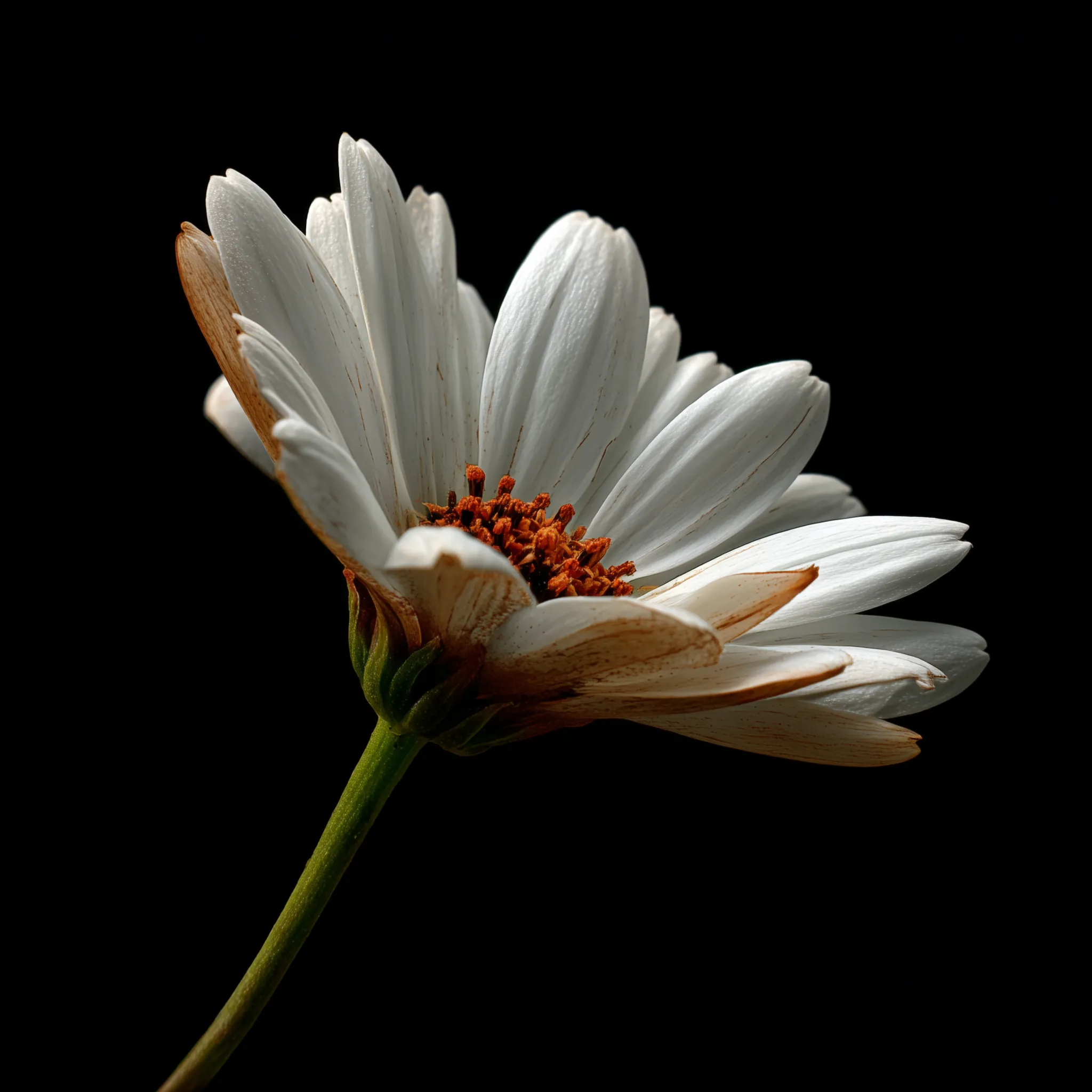 White daisy macro on black background