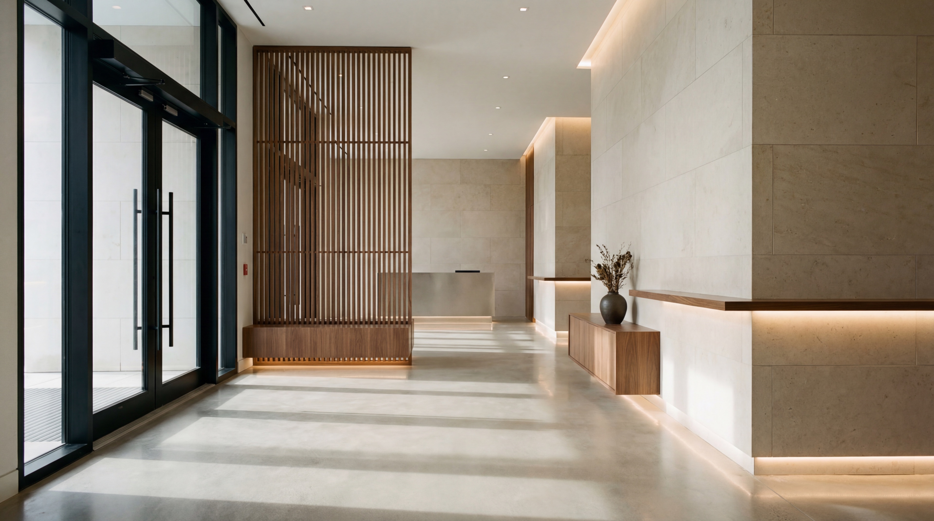 Minimalist office lobby with wood and stone