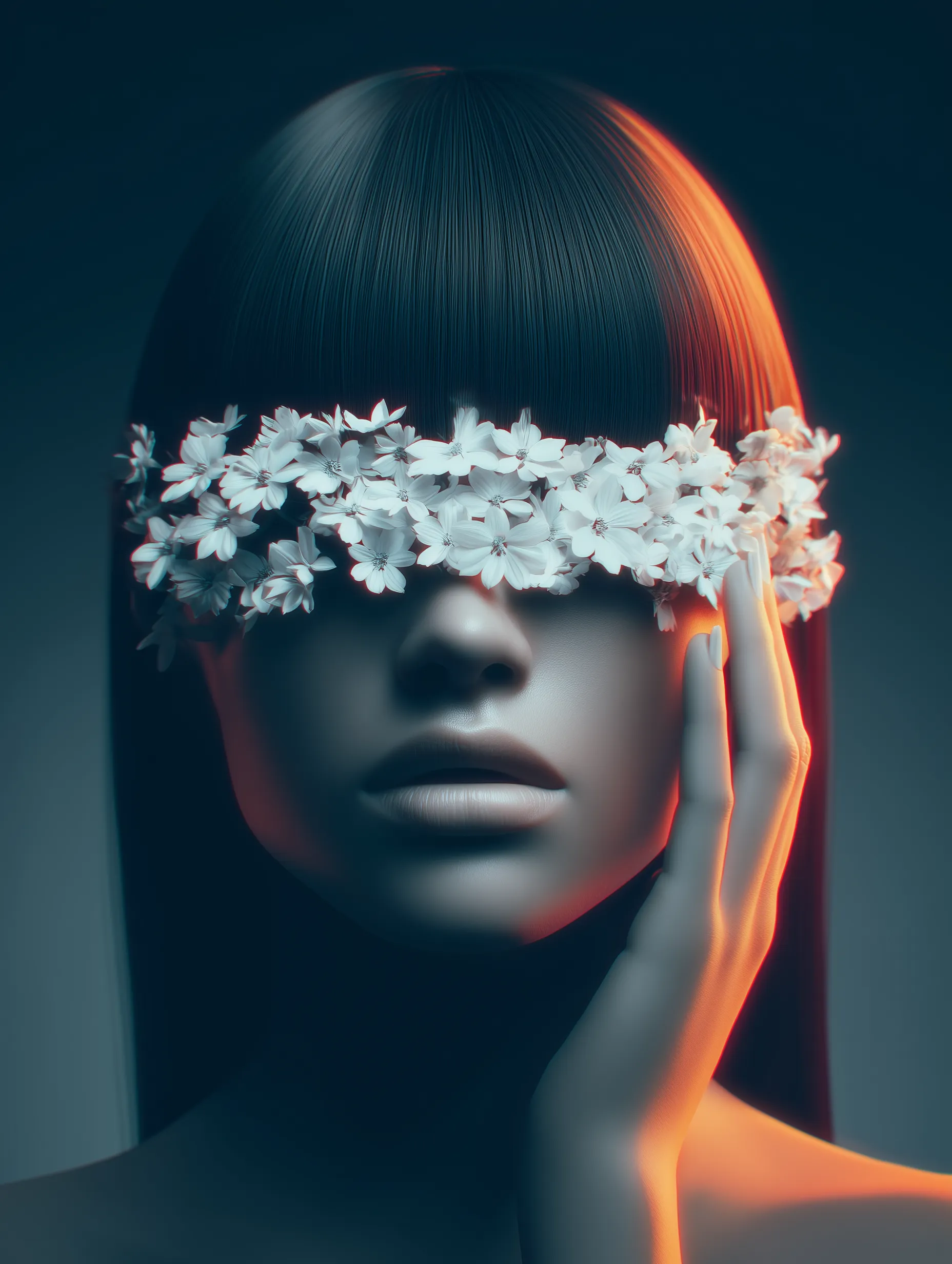 Surreal portrait with floral blindfold