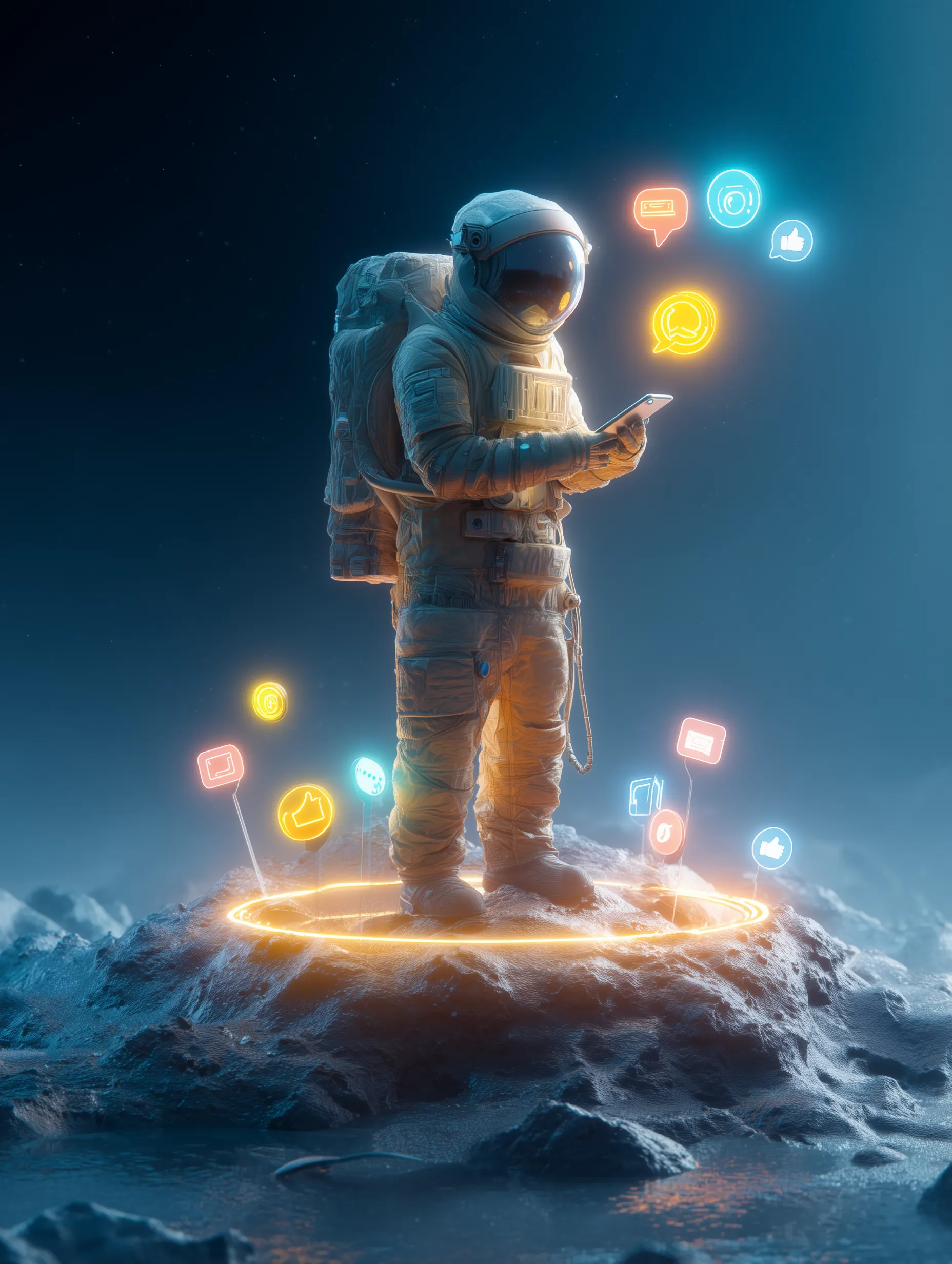 Astronaut Using Smartphone with Neon Social Icons