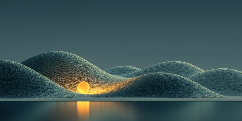 Abstract teal dunes with glowing sunrise