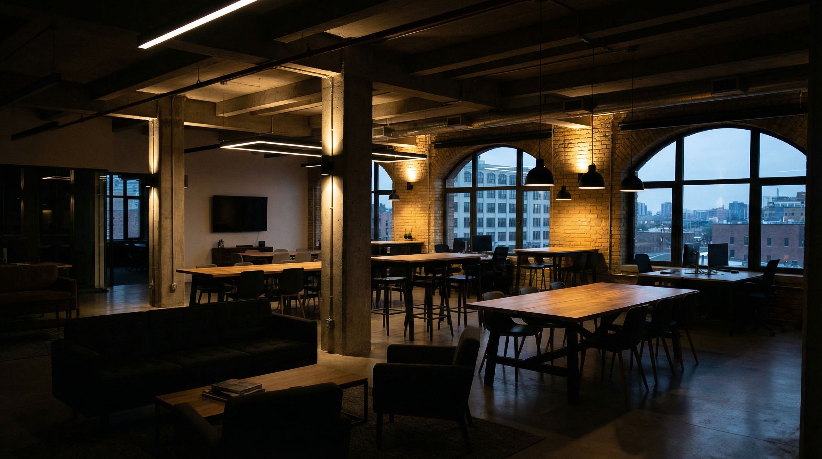 Modern industrial open-plan office at dusk