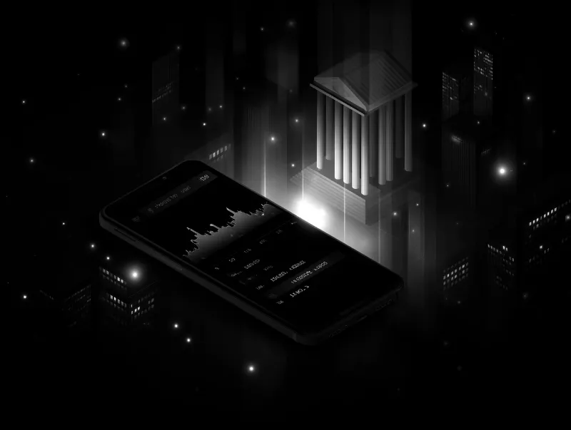 Dark fintech illustration with smartphone and bank