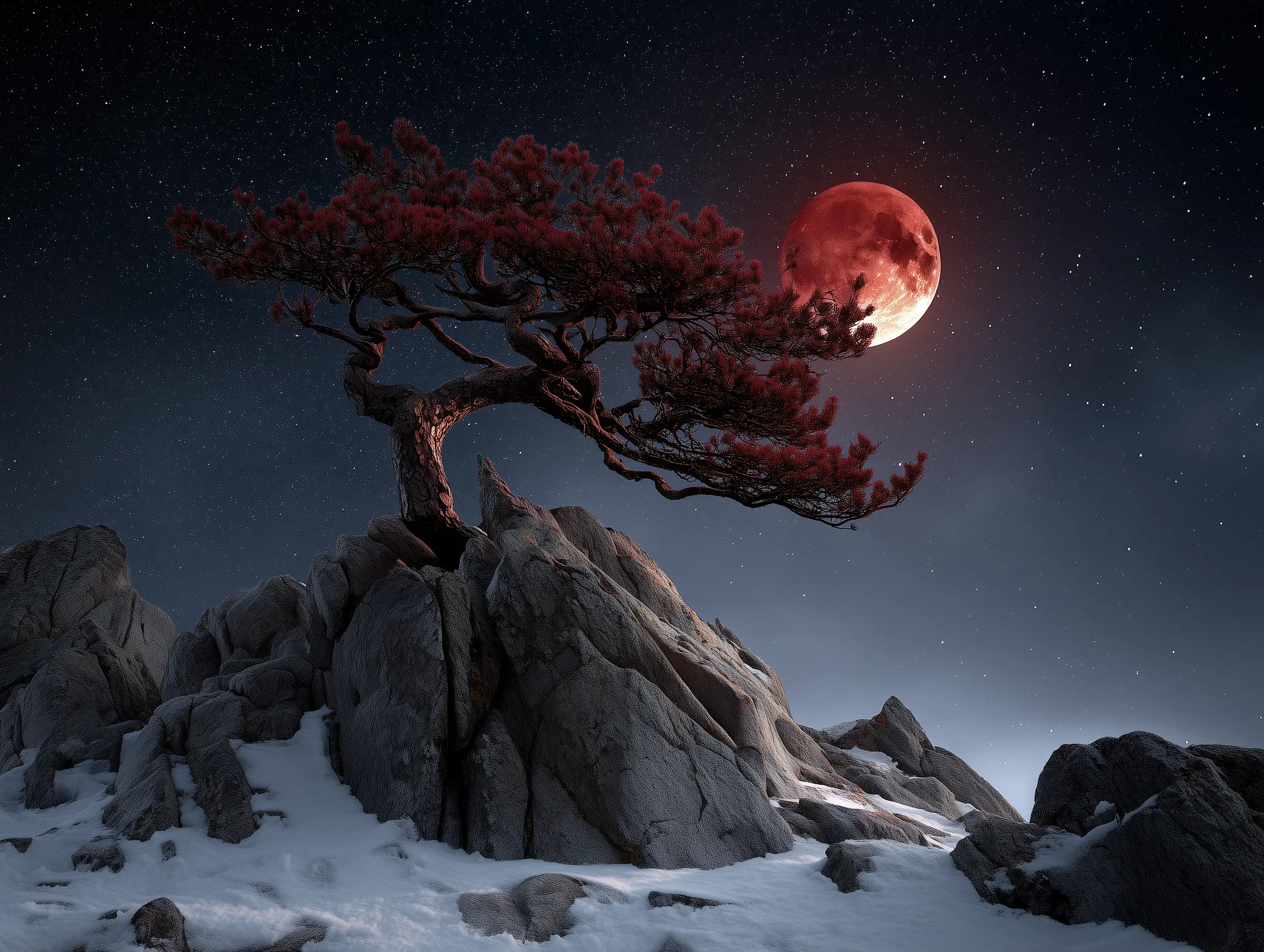 Red Moon Over Windswept Tree