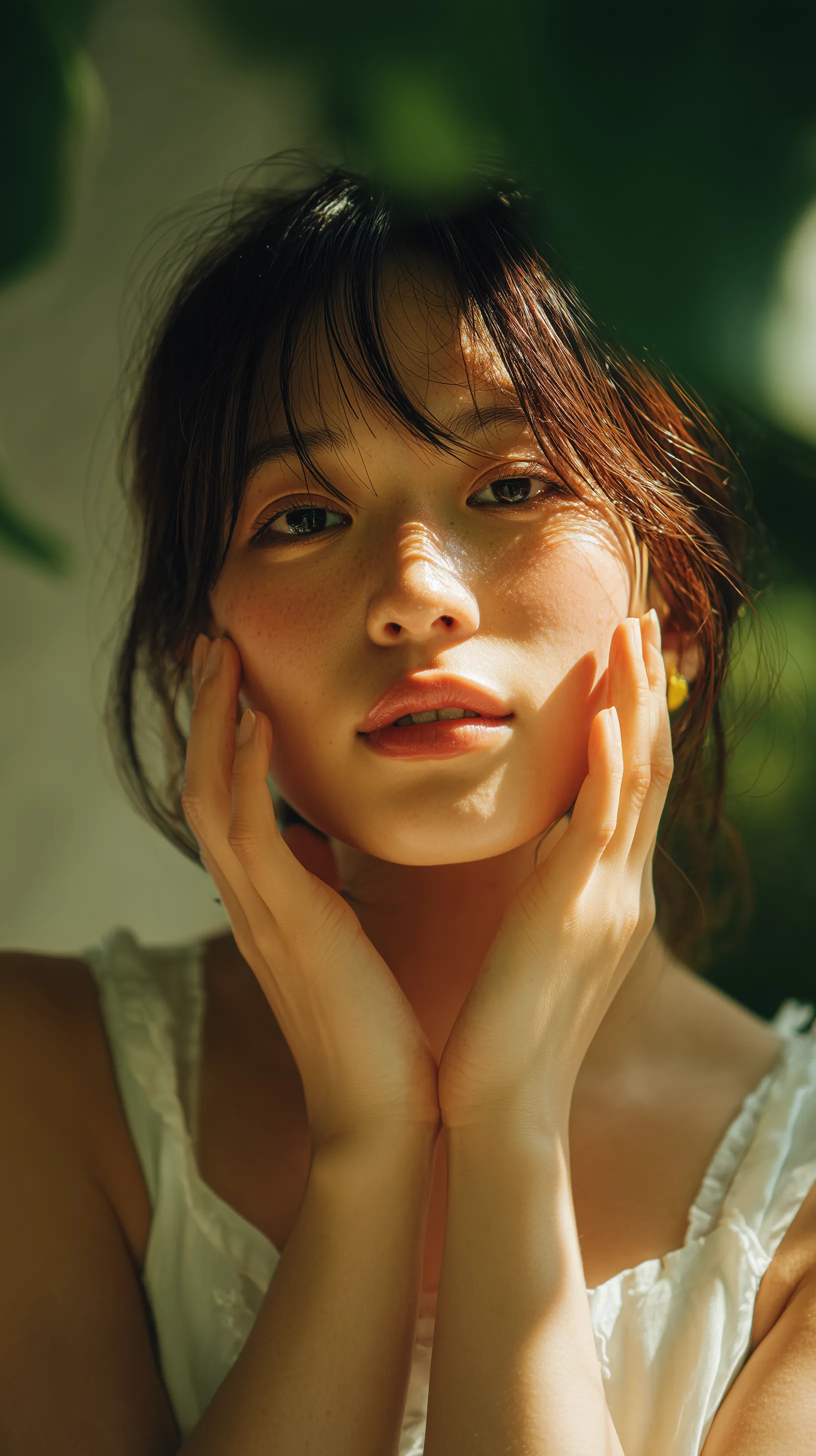 Sunlit portrait of woman framed by foliage
