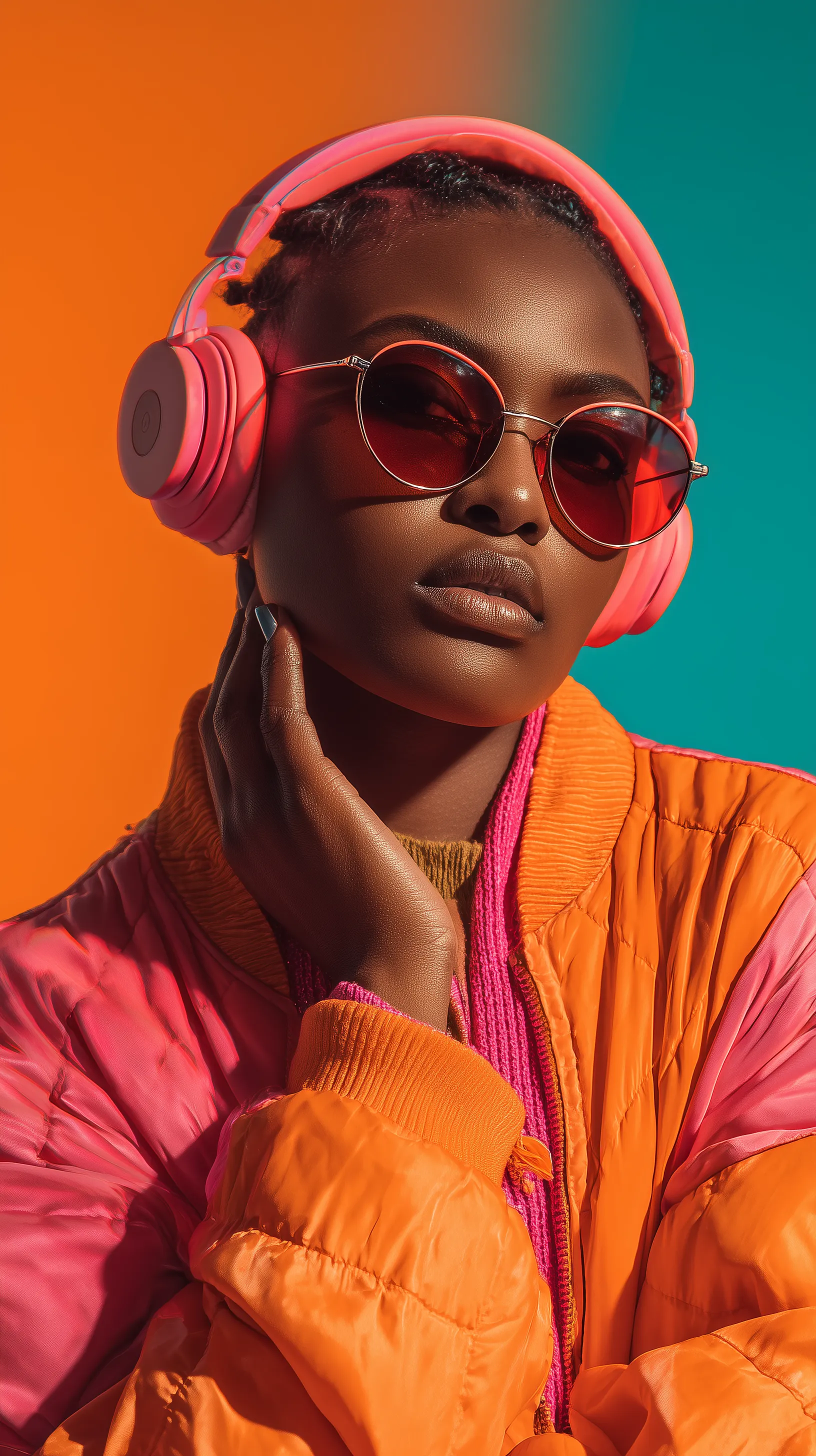 Vibrant Portrait of Woman with Headphones and Sunglasses