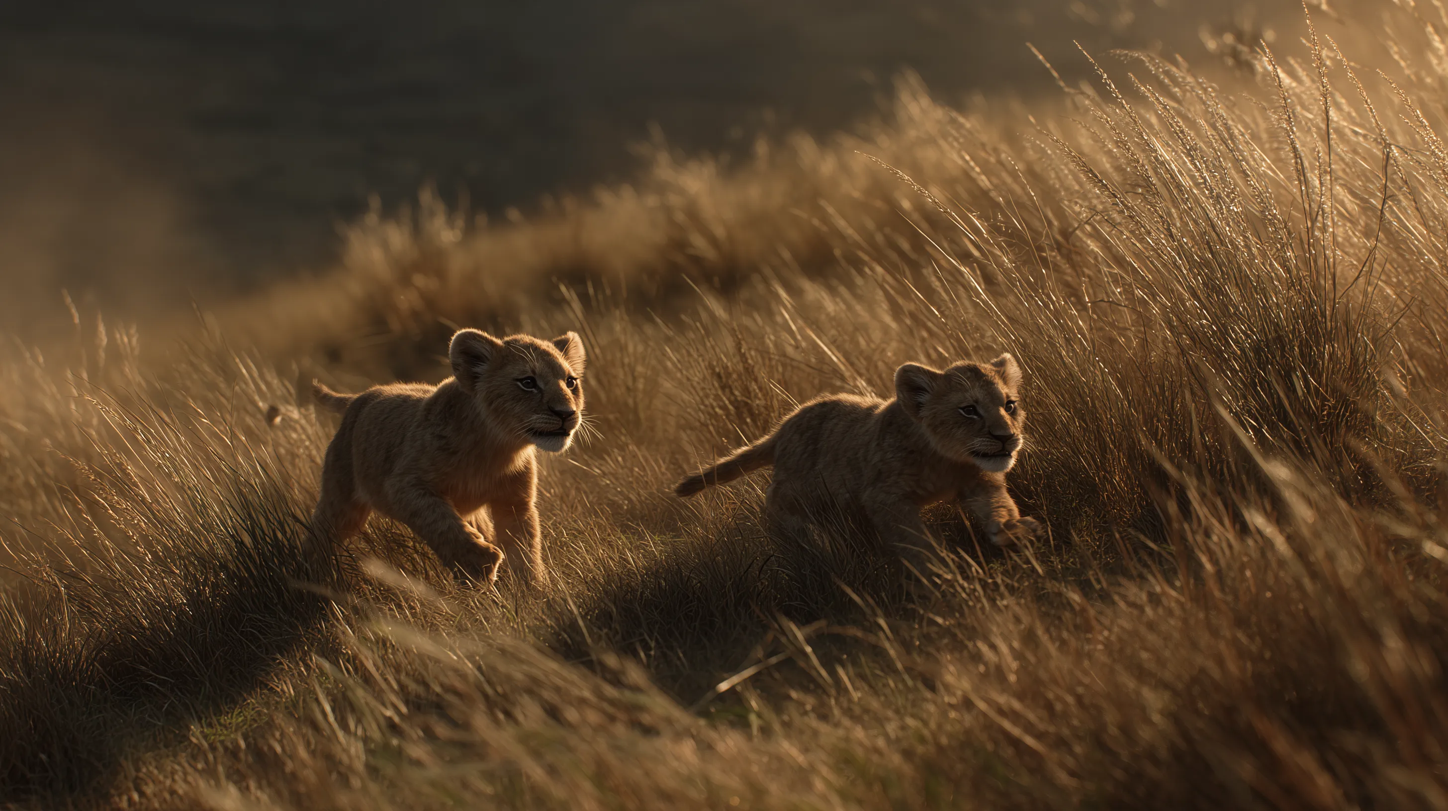 Lion cubs running through golden grass