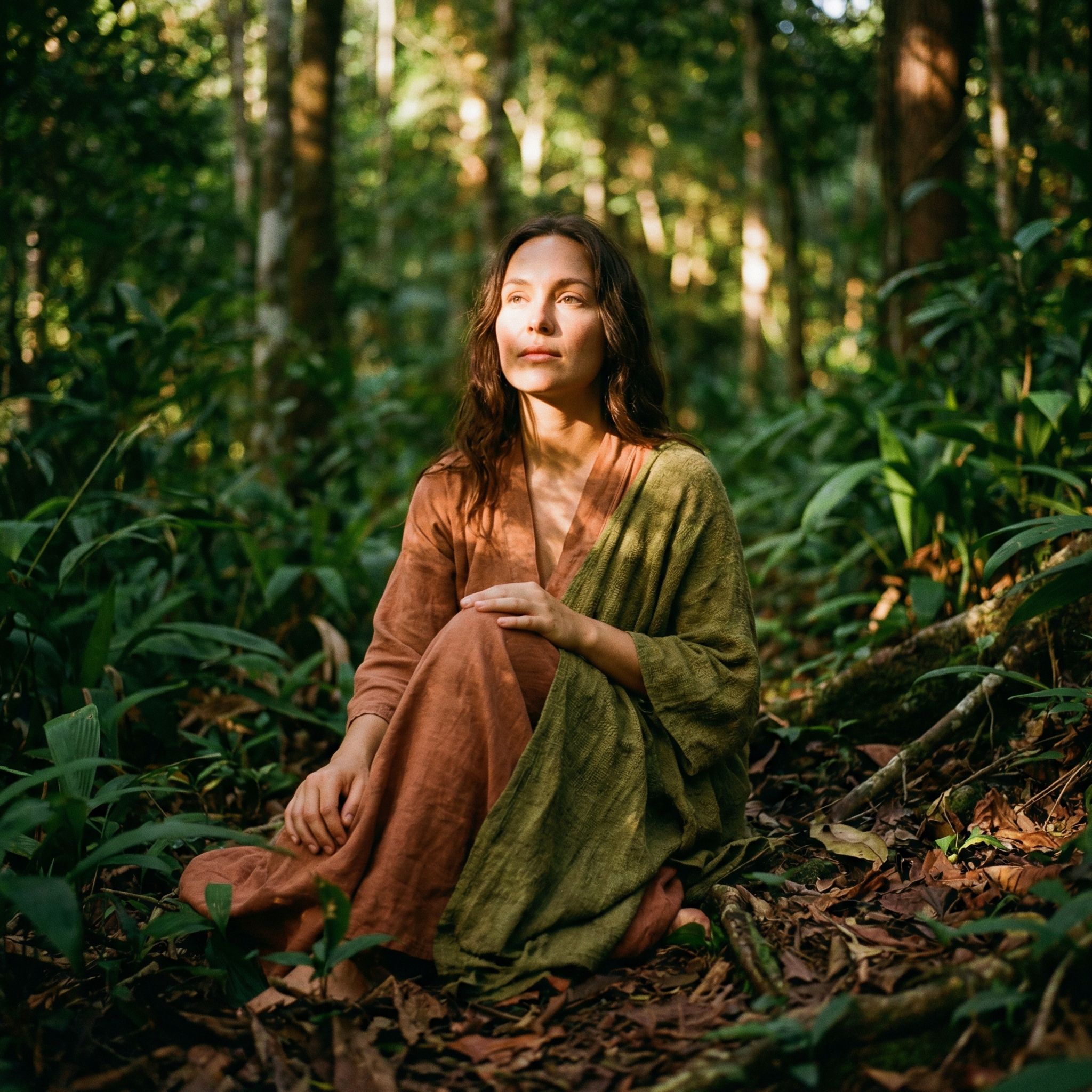Woman meditating in sunlit forest