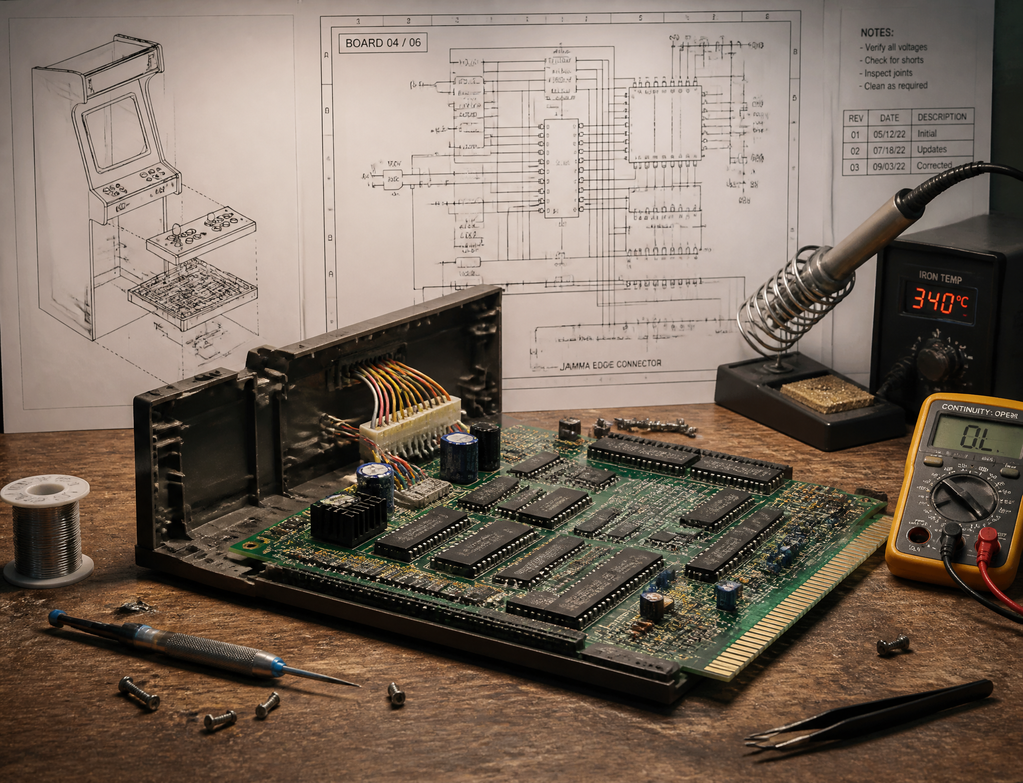 Technical schematics and a partly disassembled arcade board on the bench