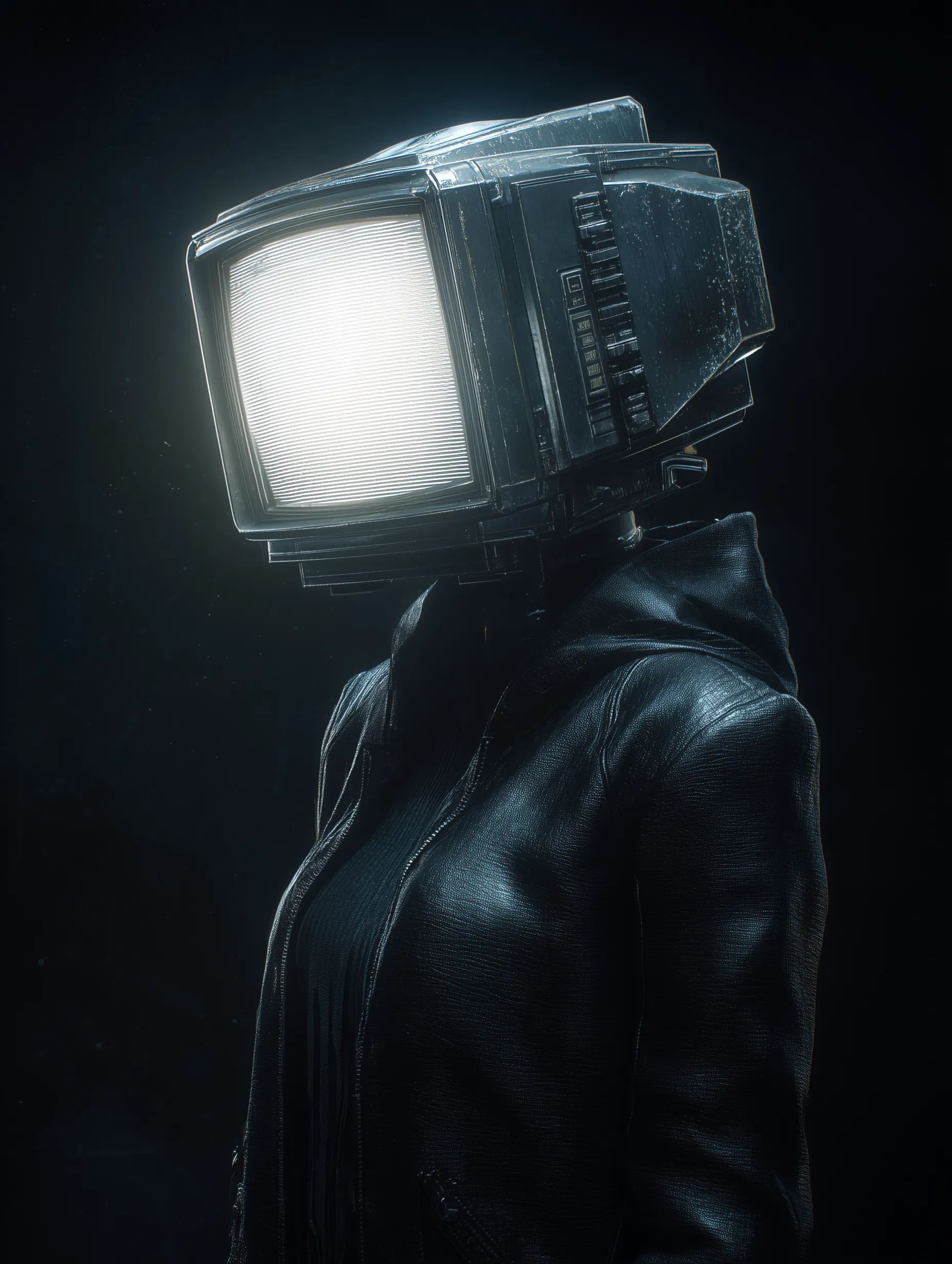 Cyberpunk figure with vintage TV head