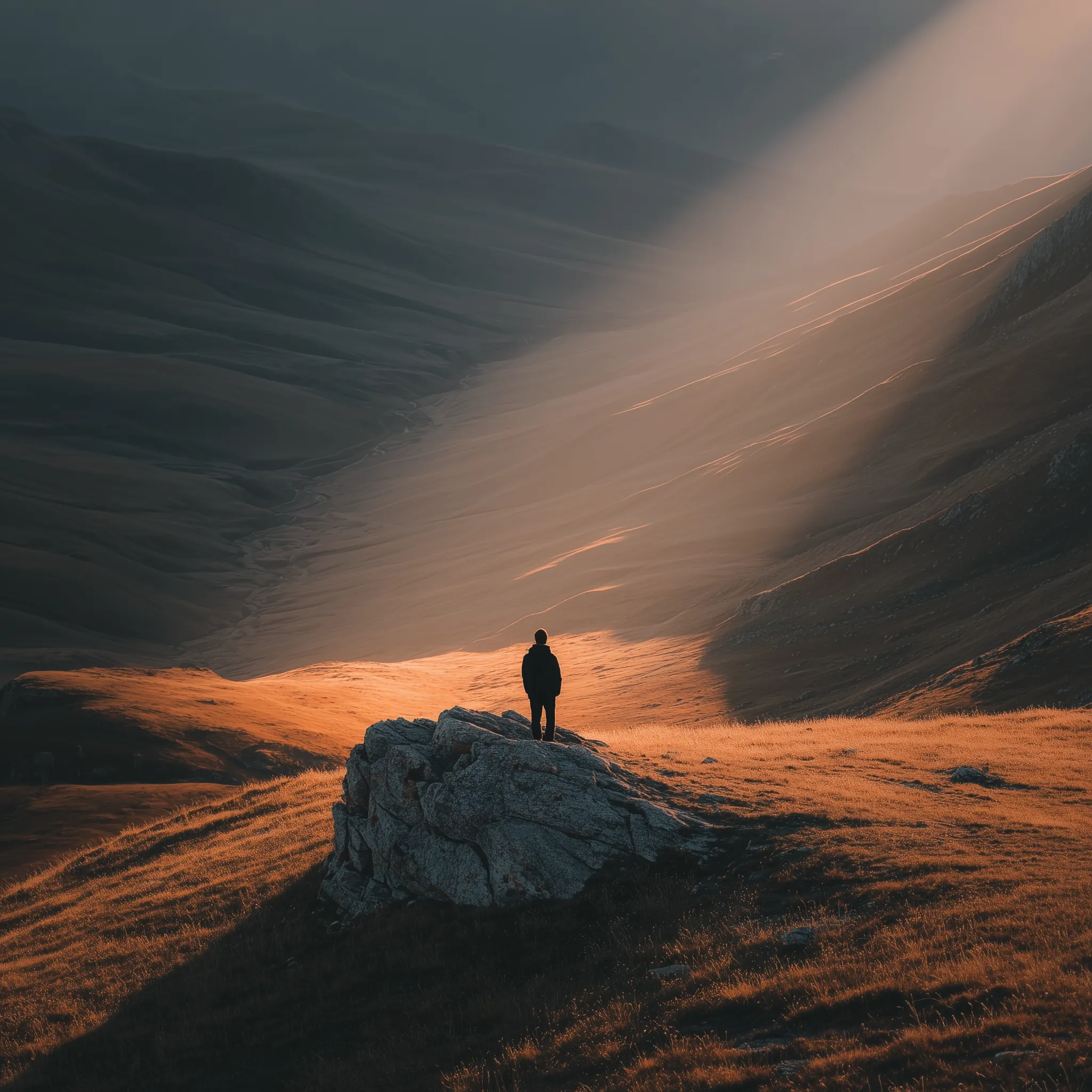 Hiker Silhouetted by Dramatic Sunlight in Mountain Valley
