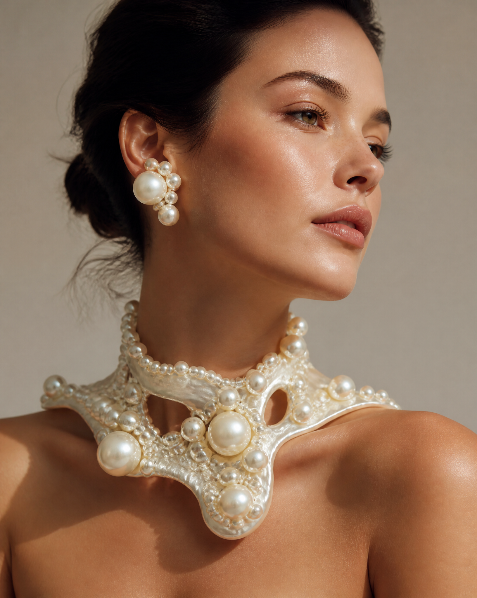 Portrait wearing sculptural pearl forms