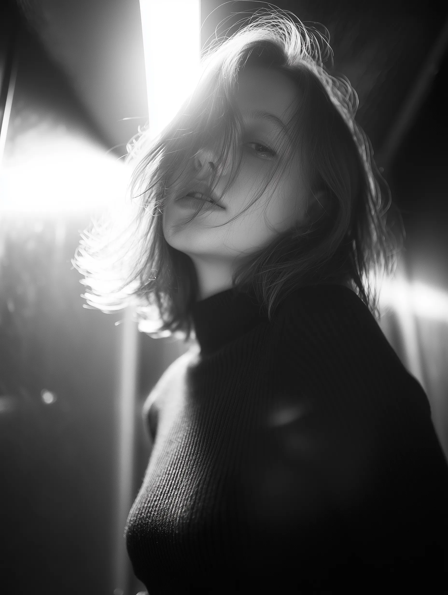 Moody black and white portrait with backlight