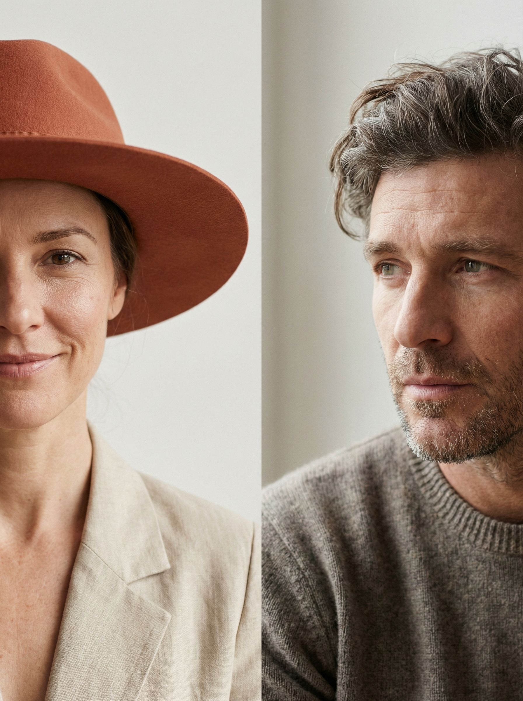 Split portrait of two adults in soft light