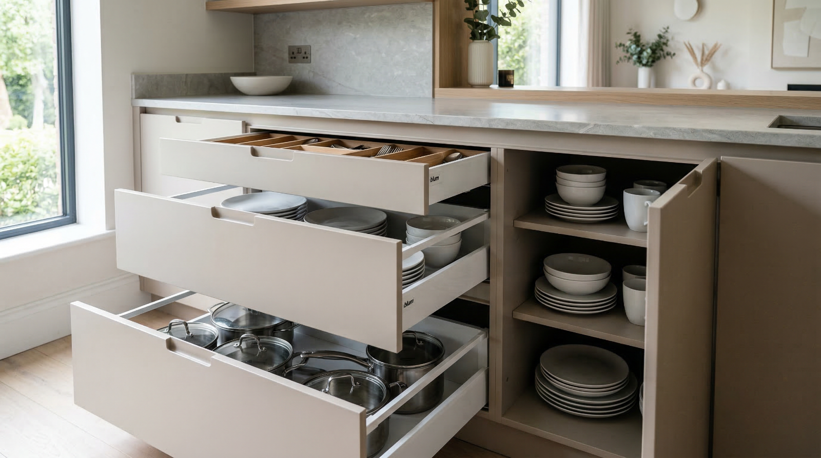 Szuflady i półki w zabudowie kuchennej