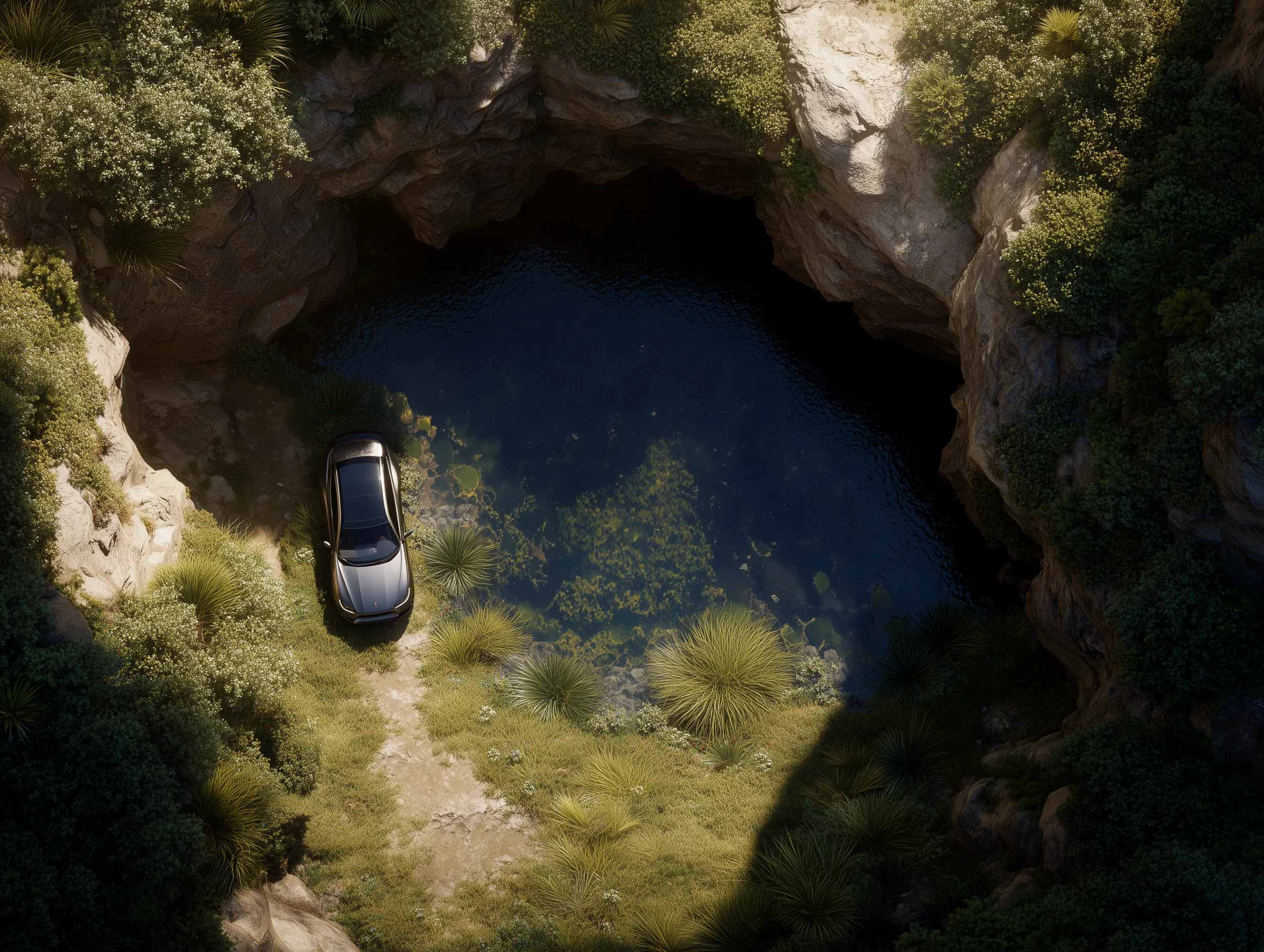 SUV Beside Hidden Cave Pool