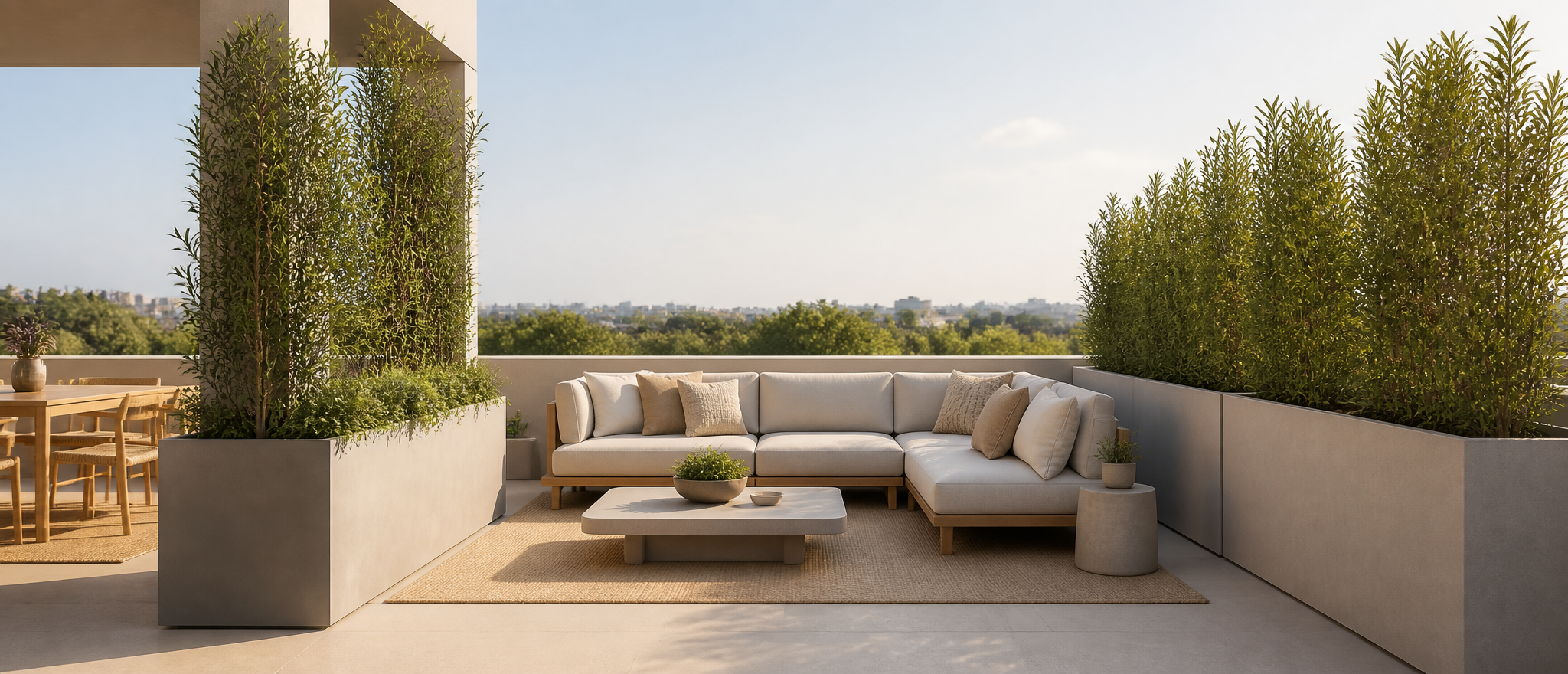 Minimal terrace seating area with neutral cushions and tall planter boxes