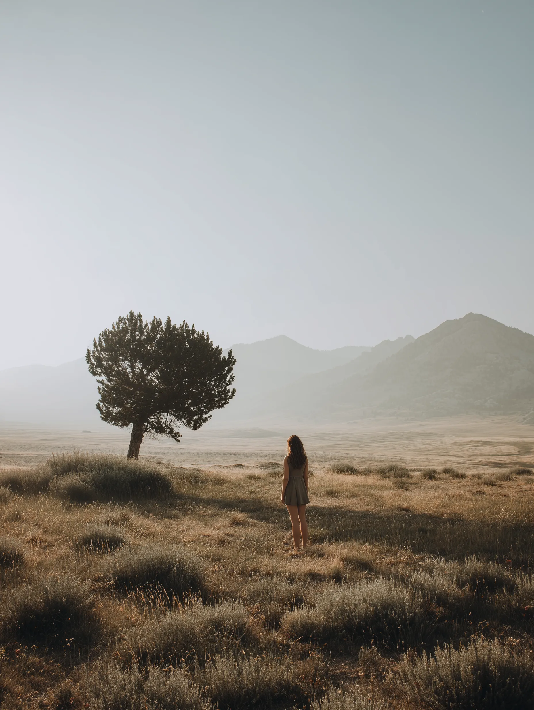 Solitary Woman in Muted Mountain Landscape