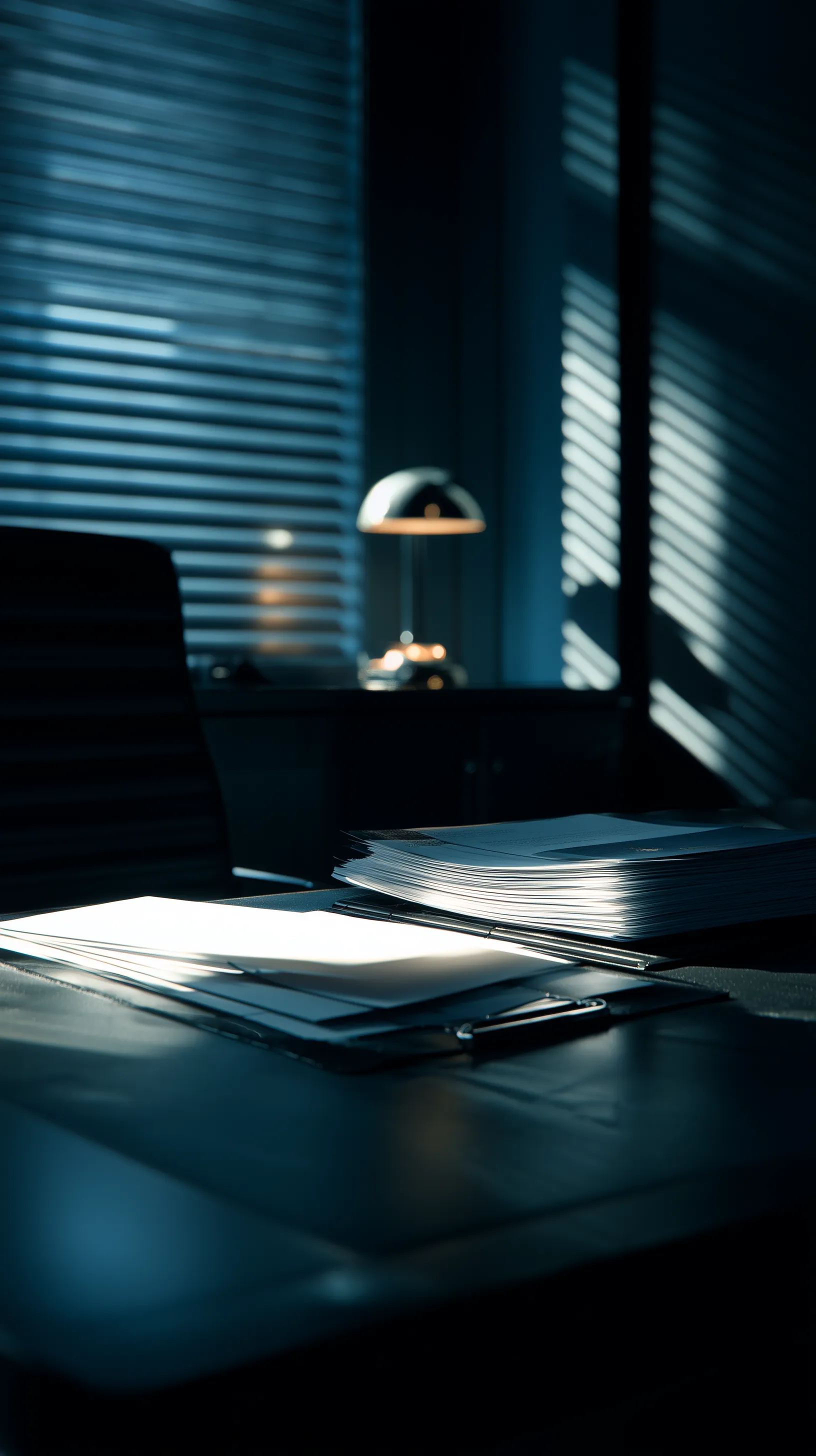 Dimly lit office desk with documents