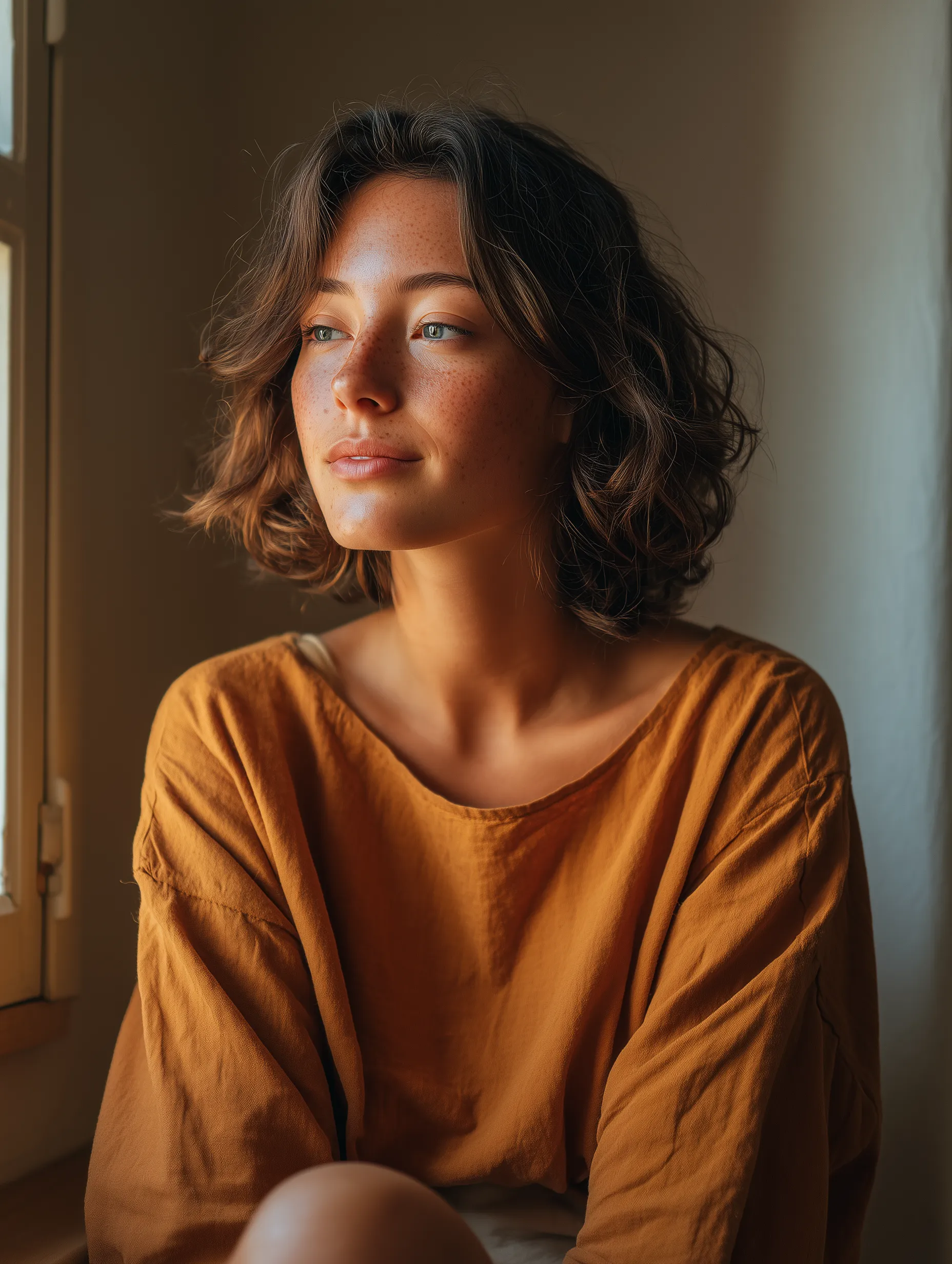 Thoughtful woman in warm window light