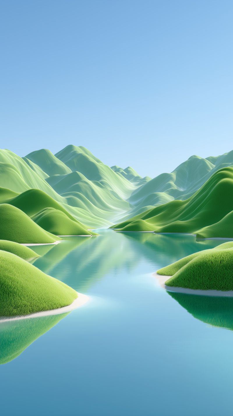 Serene 3D Hills and Reflective Lake Under Blue Sky