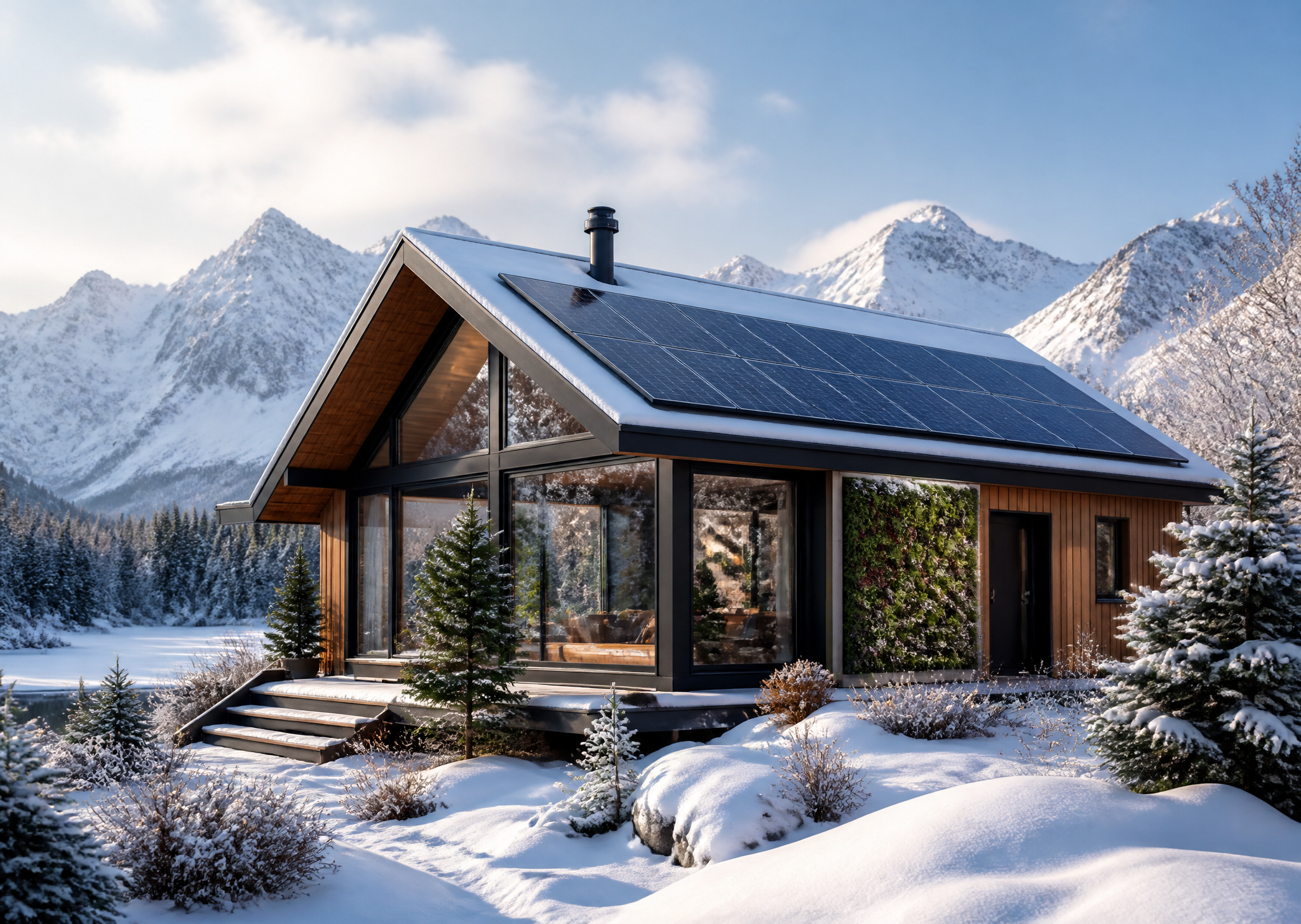 Sustainable Modern Cabin in Snowy Mountain Landscape