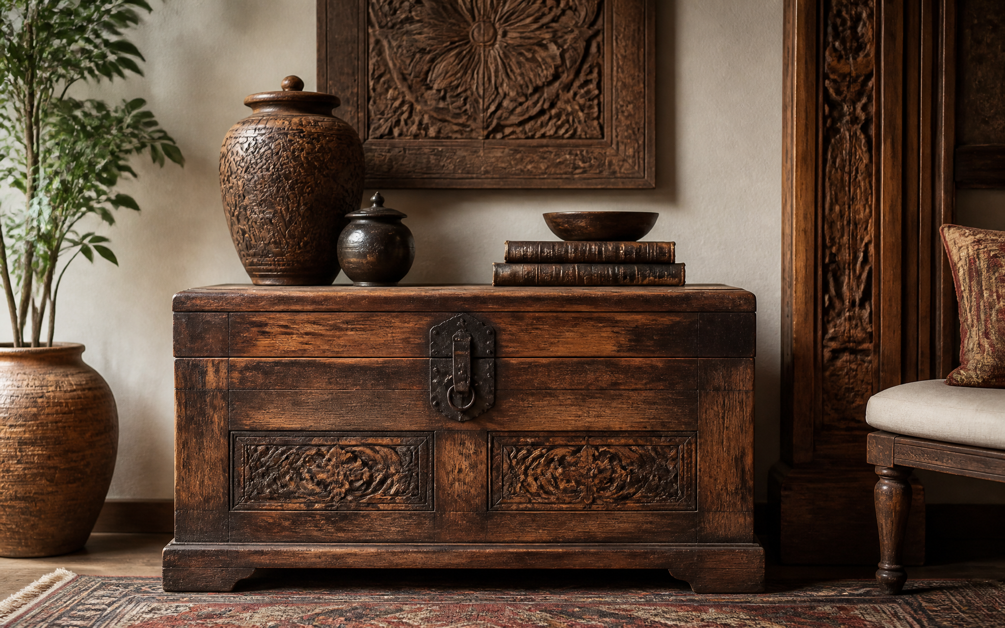 Antique wooden chest and classic décor