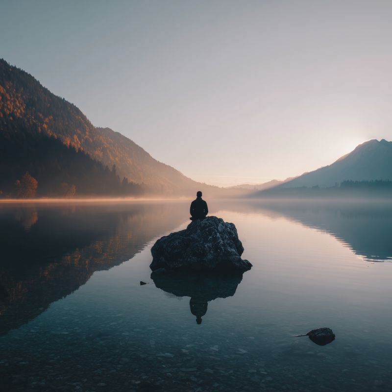 Lone Figure Meditating on Rock at Misty Mountain Lake