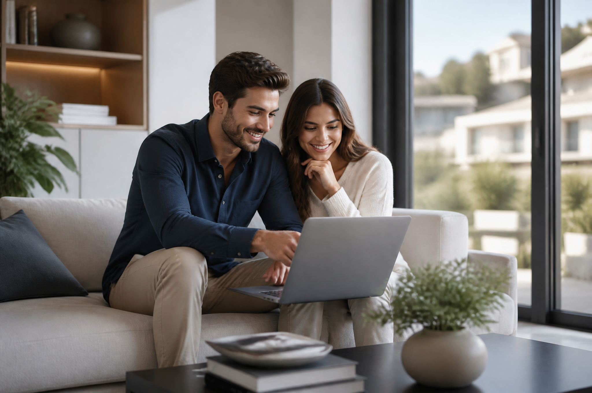 Couple Planning Together on Laptop in Modern Living Room