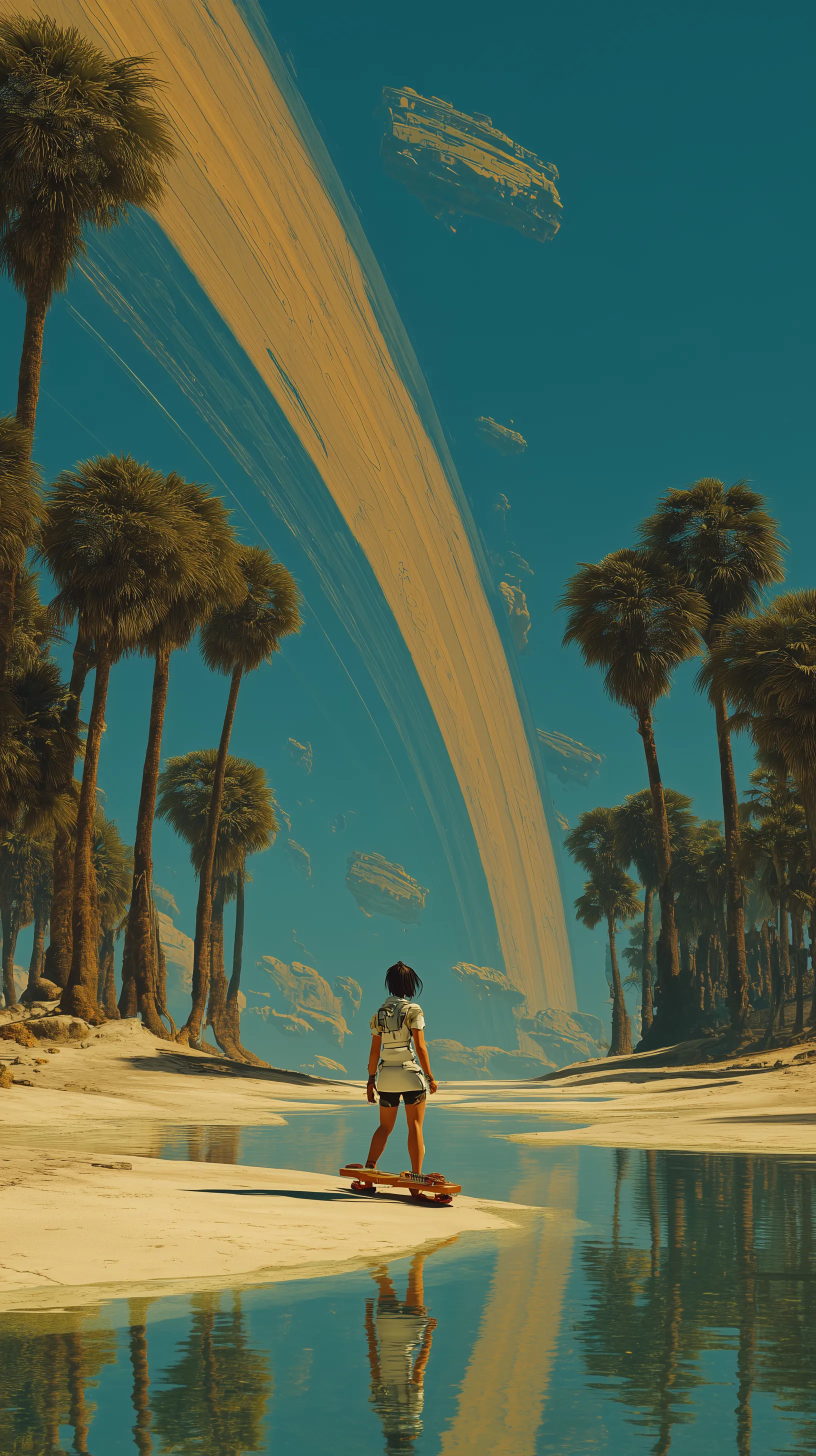 Explorer Watching Planetary Rings Over Oasis